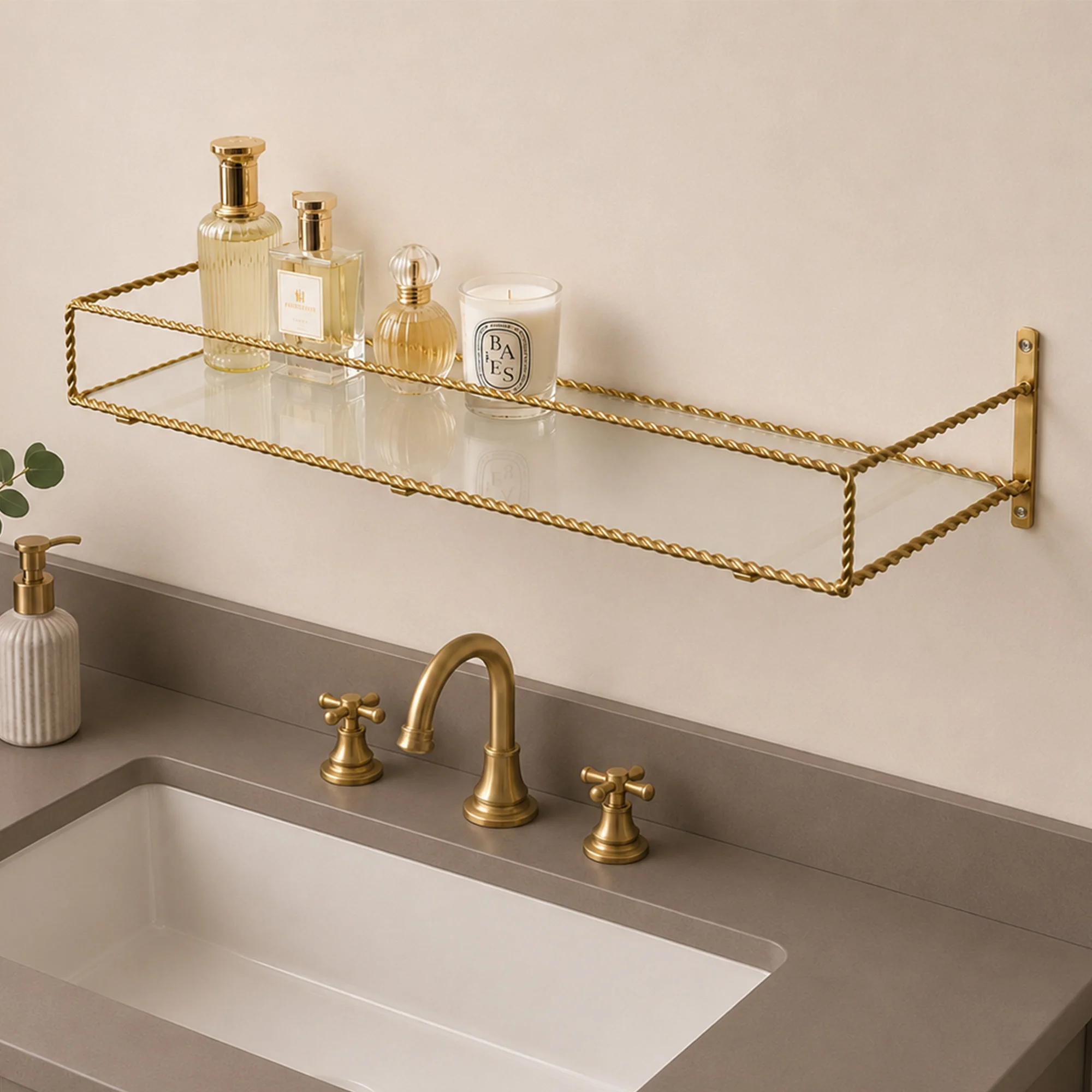 Verified Large Gold Twisted Rope Design Wall Shelf with Frosted Glass Shelf Trusted