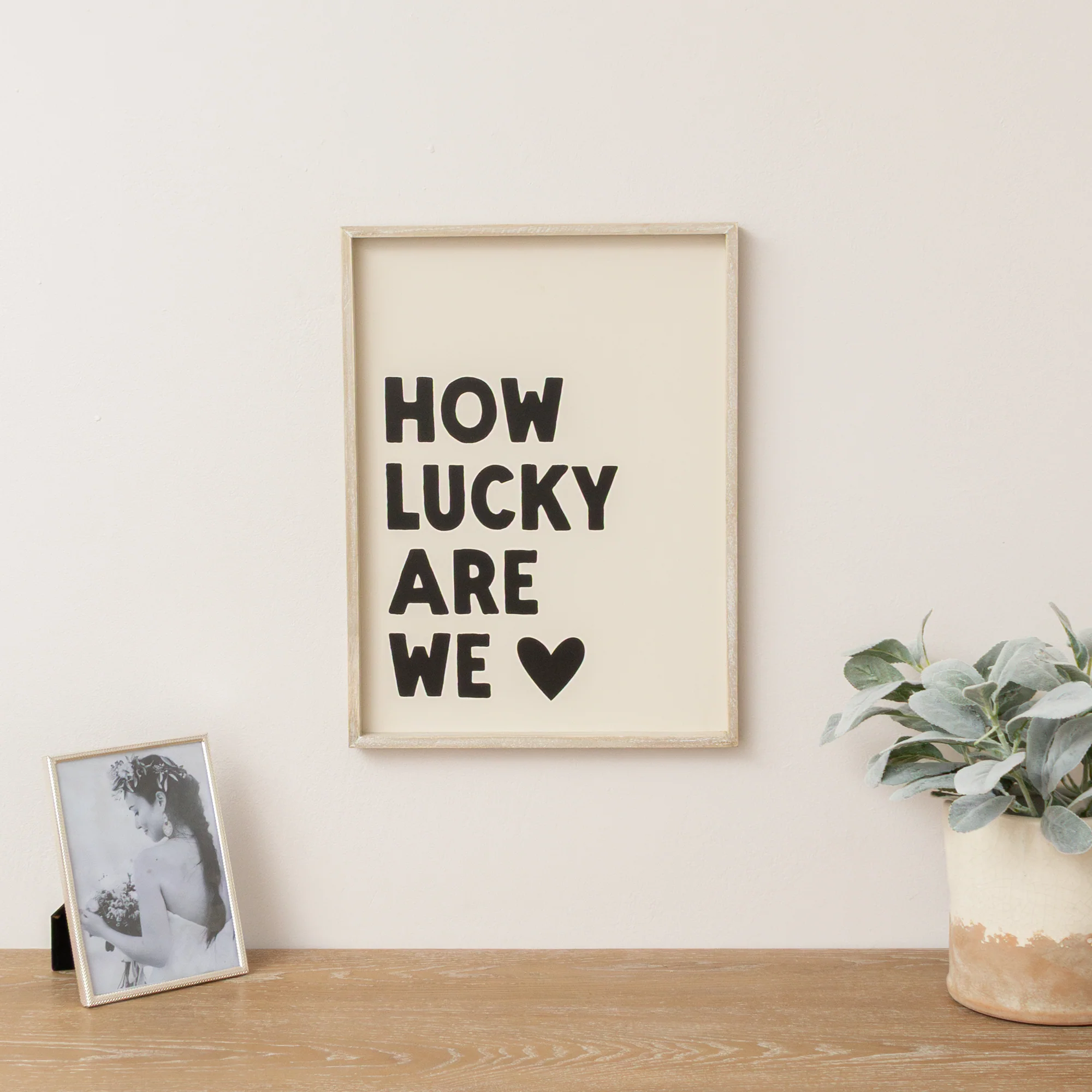 Clean Black White ‘How Lucky Are We’ Wooden Framed Wall Art Print – 40cm x 30cm Versatile