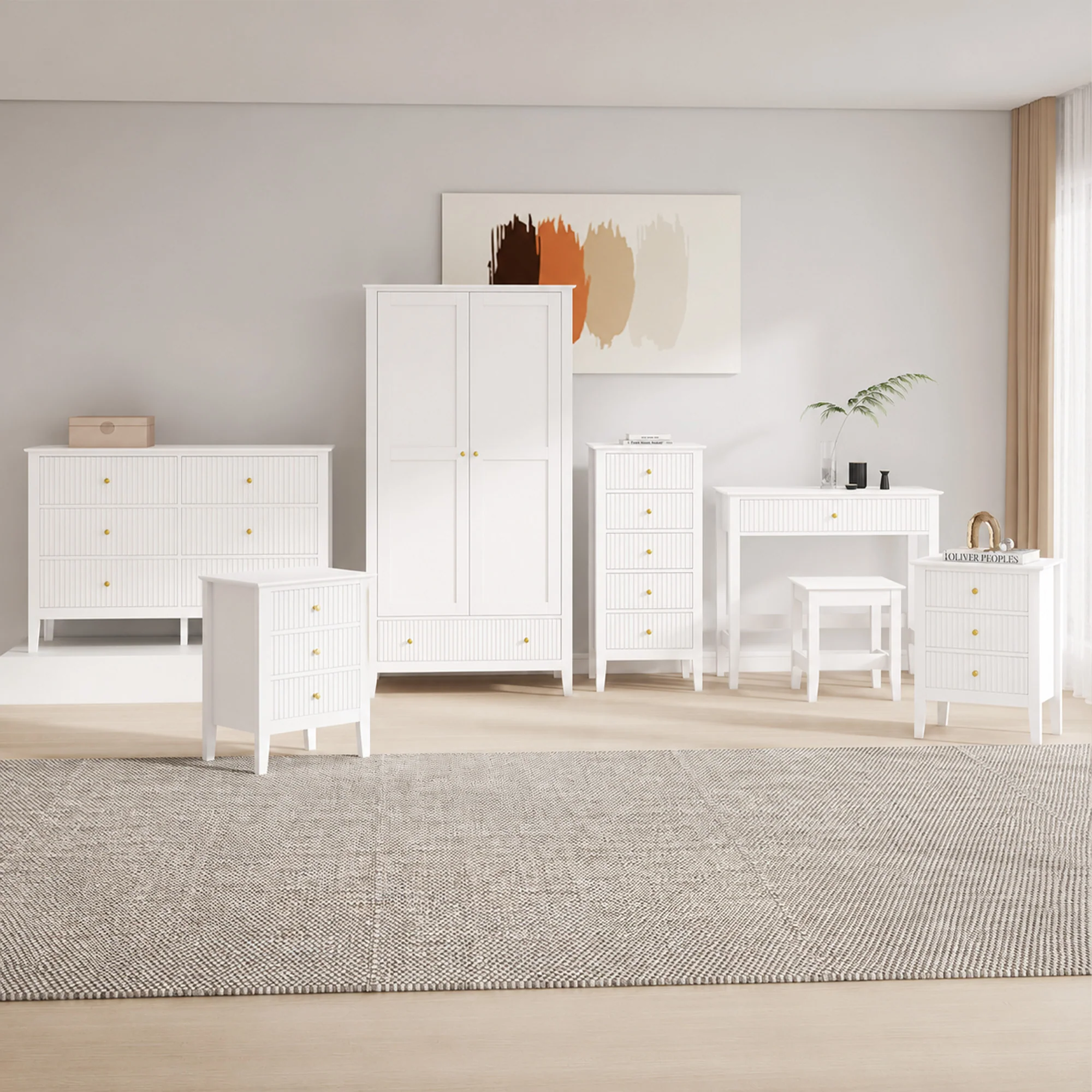 Flexible Double Wardrobe 6 Drawer Chest of Drawers Tall 5 Drawer Bedside Table Pair of 3 Drawer Bedside Tables and Dressing Table Set – Hales White Range Recyclable