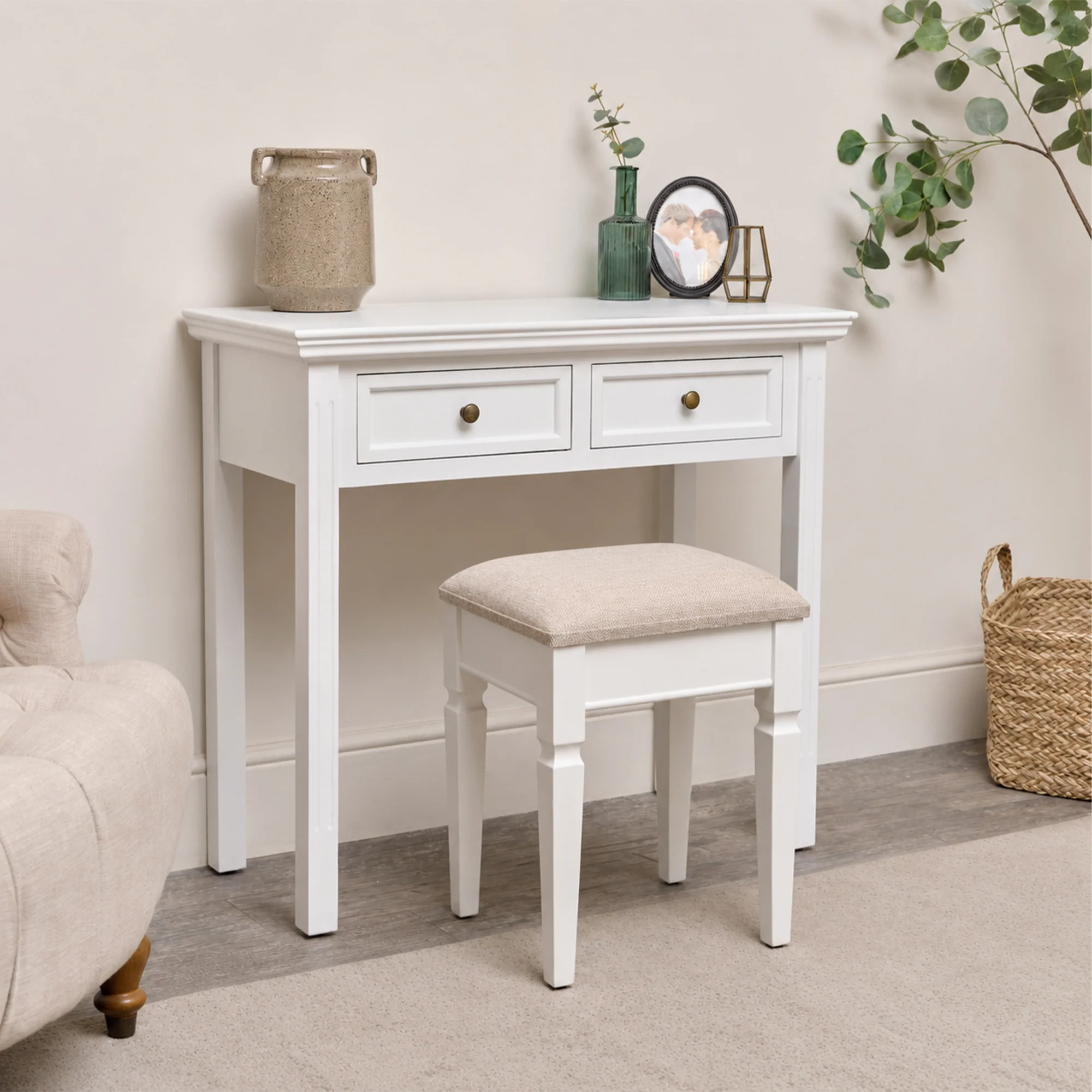 Organic Large White 2 Drawer Dressing Table Stool Set – Daventry White Range Contemporary