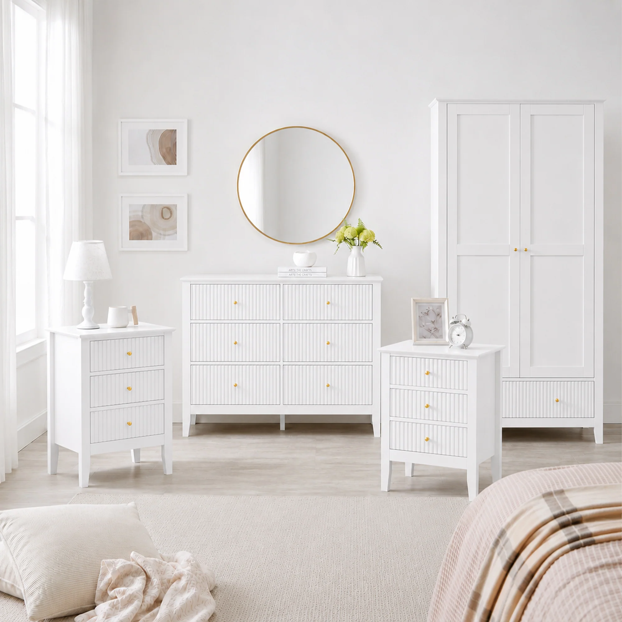 Trendy Double Wardrobe Chest of Drawers Pair of Bedside Tables – Hales White Range Top-Quality