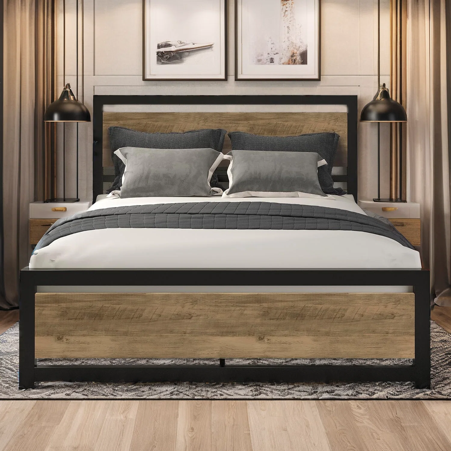 Sustainable Bed Frame with Wooden Headboard 13 Strong Metal Slats Supports Bed Frame Heavy Platform MetalBed Frame with Wooden Headboard 13 Strong Metal Slats Supports Bed Frame Heavy Platform Metal Excellent