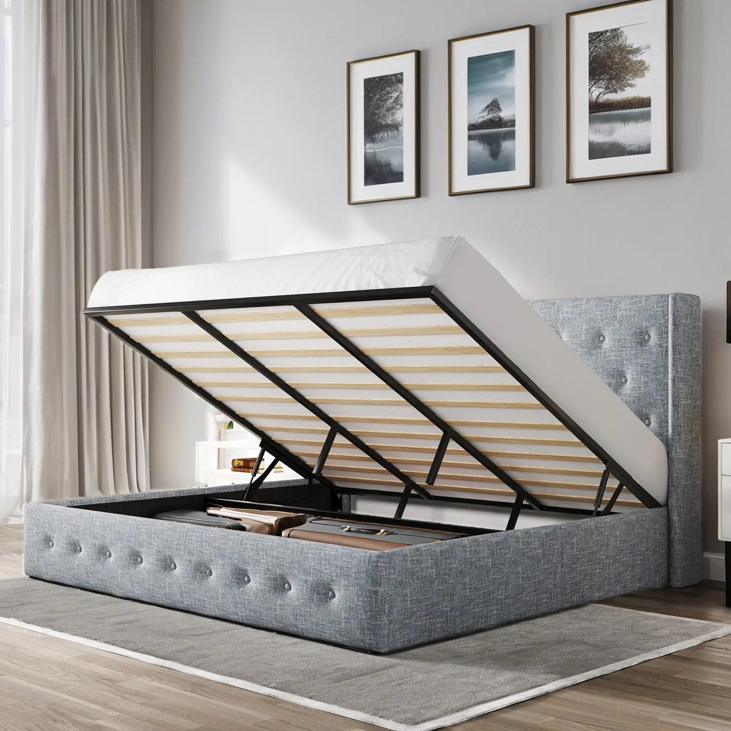 Sophisticated Lift Up Storage Bed Frame Hydraulic Storage with Buttons Tufted Headboard No Box Spring RequiredLift Up Storage Bed Frame Hydraulic Storage with Buttons Tufted Headboard No Box Spring Required Carefully Designed