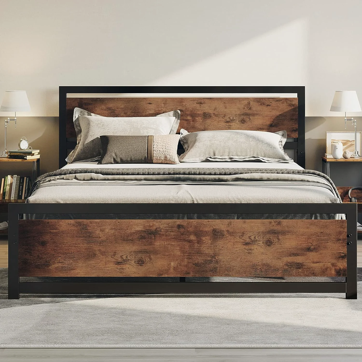 Elite Industrial Platform King Size Bed Frame with Headboard and Footboard Strong Supports Noise- No Box Spring RequiredIndustrial Platform King Size Bed Frame with Headboard and Footboard Strong Supports Noise- No Box Spring Required Luxury