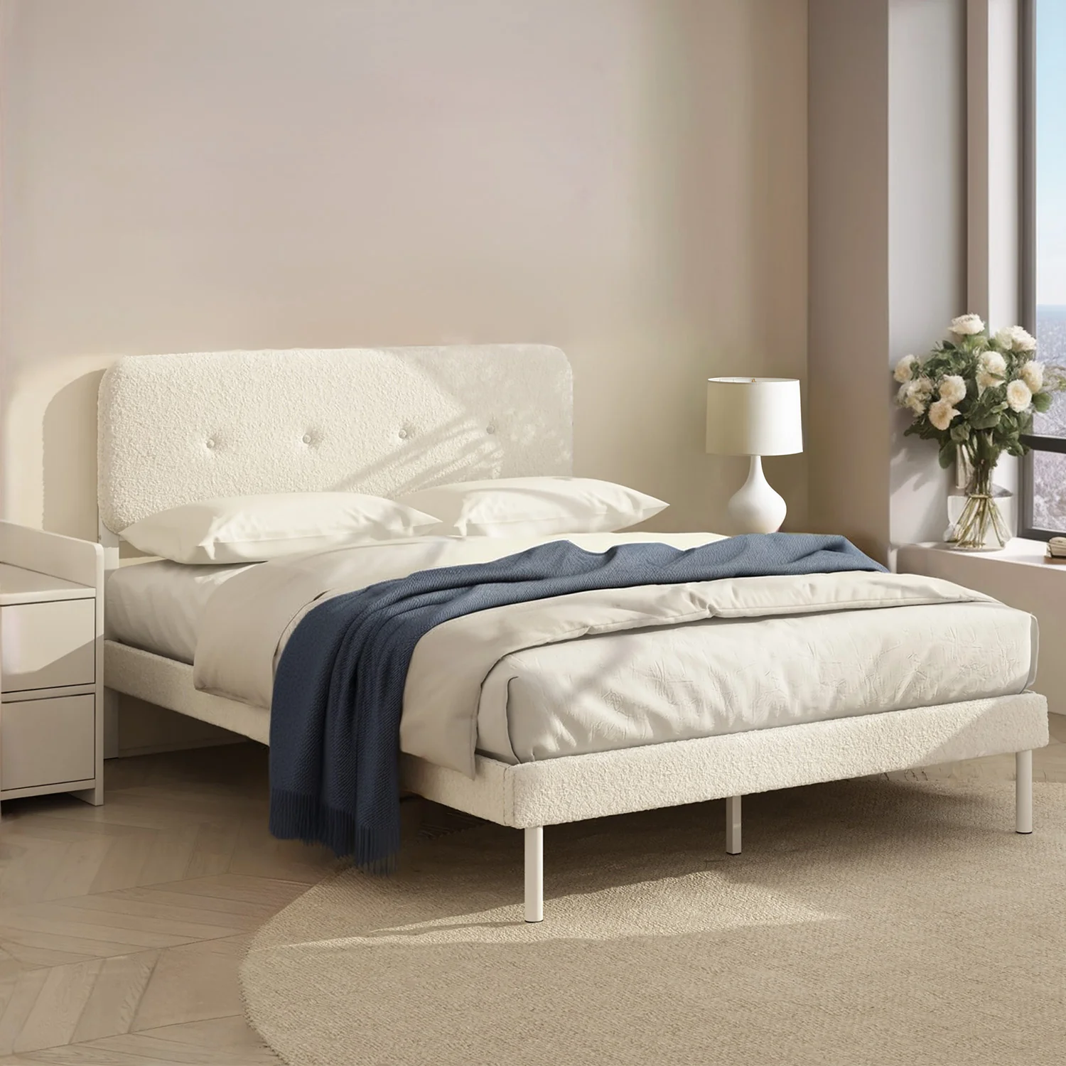 First-Class Boucle Upholstered Bed Frame with Adjustable Headboard Under Bed Storage No Box Spring NeededBoucle Upholstered Bed Frame with Adjustable Headboard Under Bed Storage No Box Spring Needed Relaxed