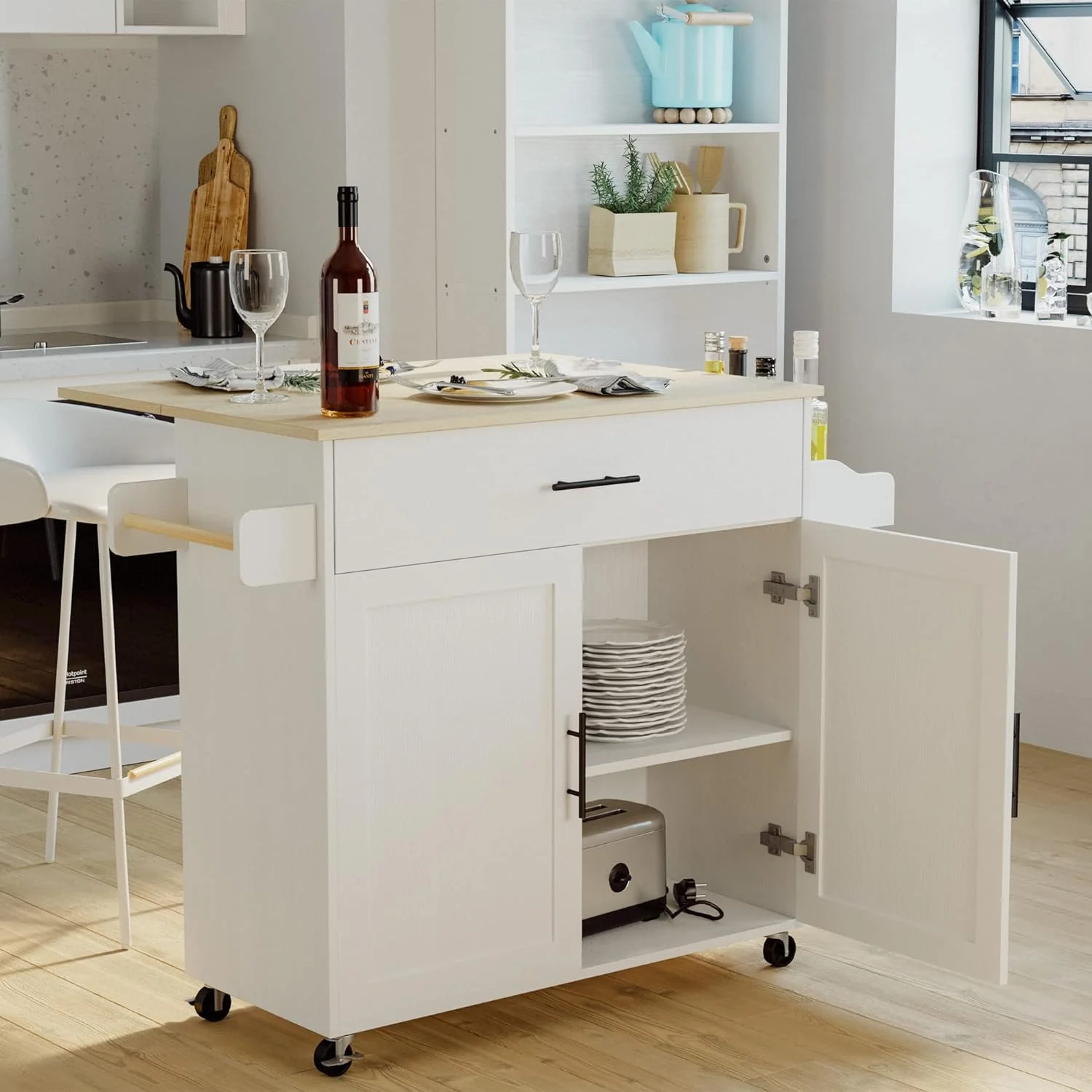 Fashionable Rolling Kitchen Island Table on Wheels with Drop Leaf and Towel RackRolling Kitchen Island Table on Wheels with Drop Leaf and Towel Rack Casual