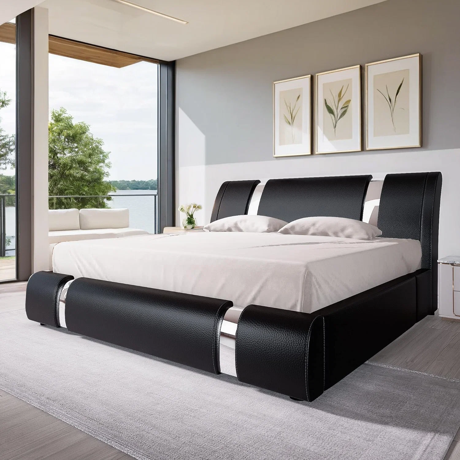 Selected Faux Leather Upholstered Bed Frame with Adjustable Headboard Iron Piece DecorFaux Leather Upholstered Bed Frame with Adjustable Headboard Iron Piece Decor Expertly Made