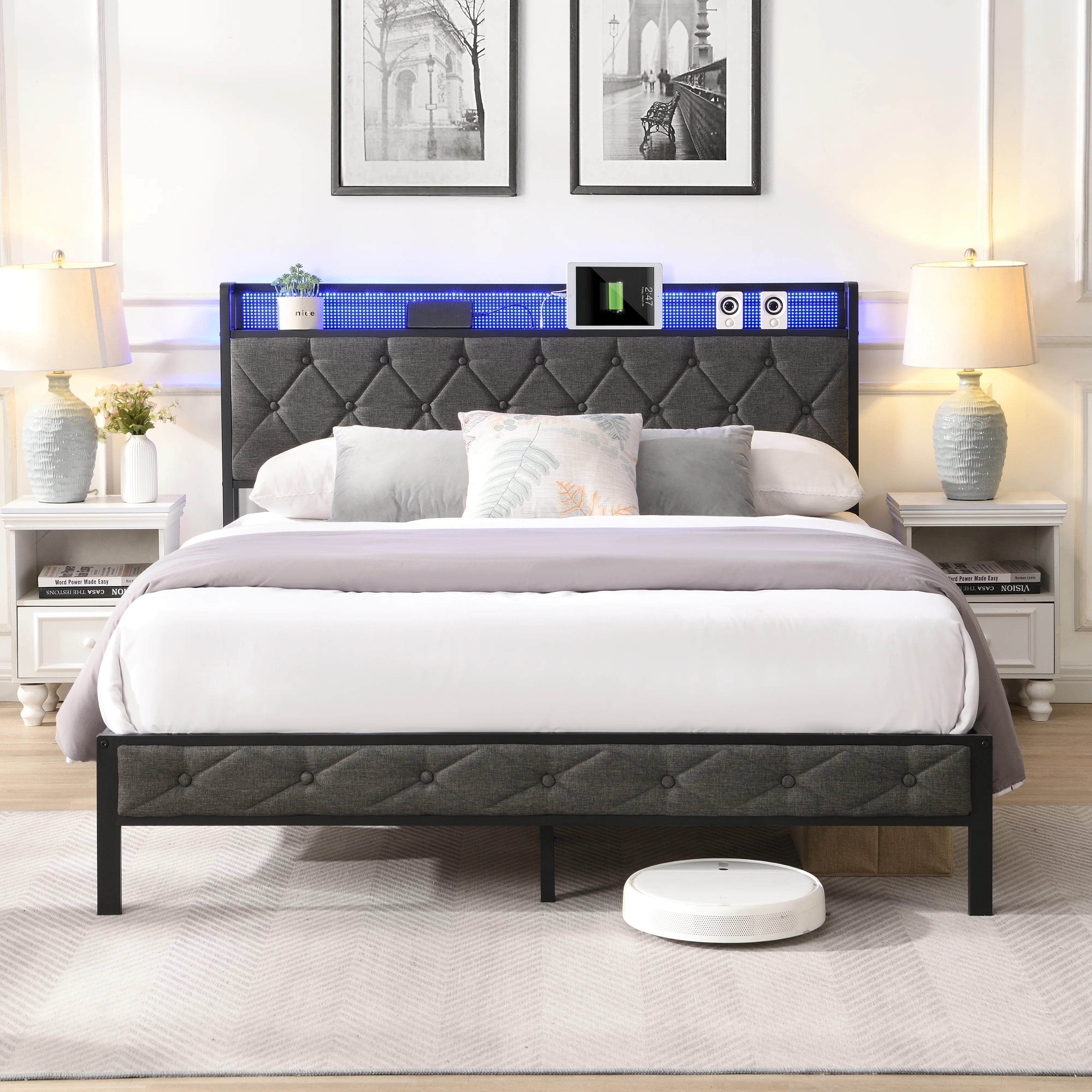 Easy-to-Use Upholstered Platform Bed Frame with Storage Headboard Charging Station and LED Lights Dark GrayUpholstered Platform Bed Frame with Storage Headboard Charging Station and LED Lights Dark Gray Optimized