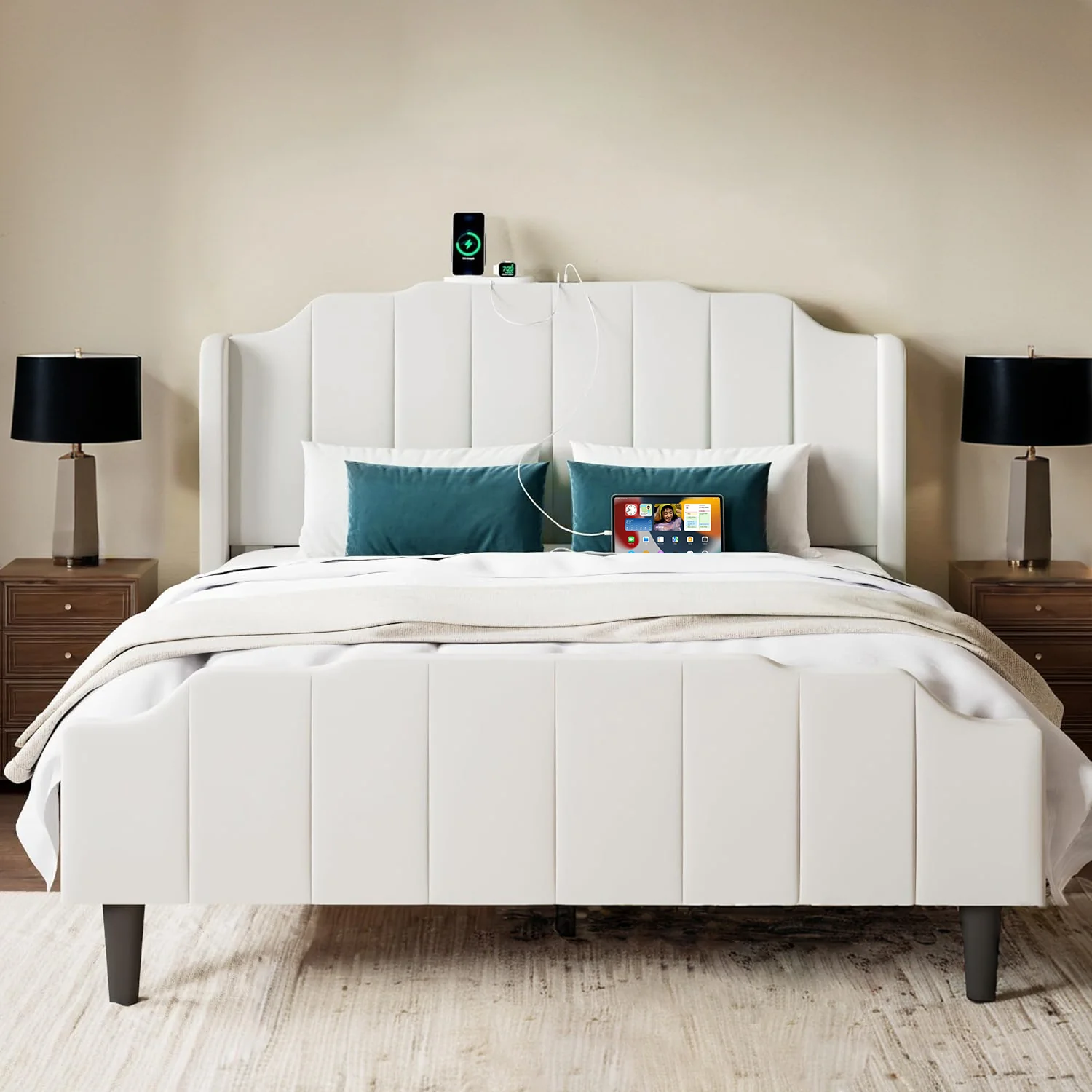 Original Design Velvet Bed Frame with Curved Vertical Tufted Wingback Headboard and Footboard Charging Station Under Bed StorageVelvet Bed Frame with Curved Vertical Tufted Wingback Headboard and Footboard Charging Station Under Bed Storage Environmentally Friendly