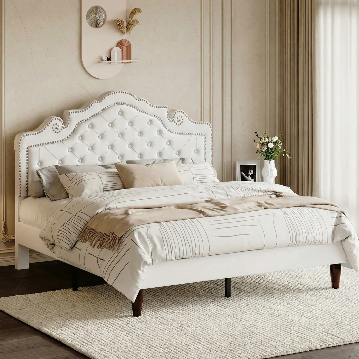 Premium Material Upholstered Button Tufted Platform Bed with Adjustable Velvet Tiara Headboard No Springs RequiredUpholstered Button Tufted Platform Bed with Adjustable Velvet Tiara Headboard No Springs Required Relaxed