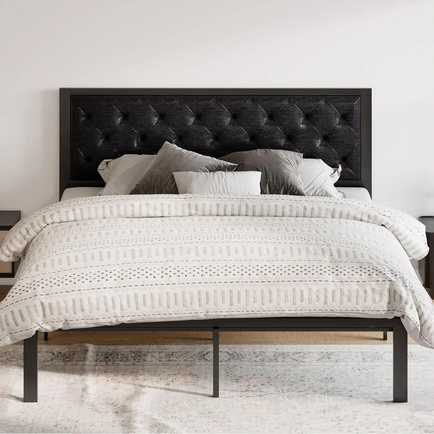 Professional Faux Leather Upholstered Headboard Bed Frame with Chic Diamond Stitch Tufting Design No Springs RequiredFaux Leather Upholstered Headboard Bed Frame with Chic Diamond Stitch Tufting Design No Springs Required User-Friendly
