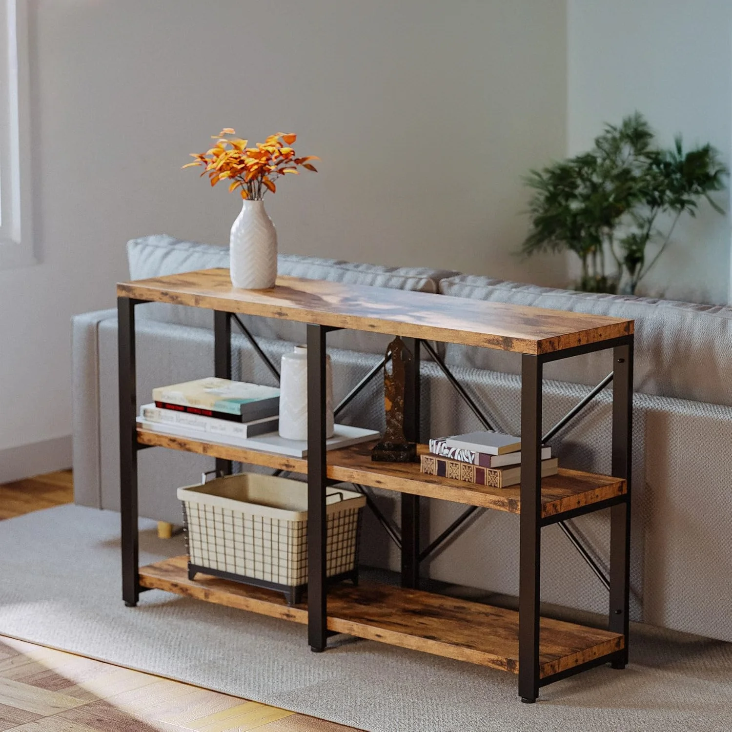 Flexible Entryway Console Table with 3 Tier Storage Racks 47 Inch Storage Shelves for Hallway Living RoomEntryway Console Table with 3 Tier Storage Racks 47 Inch Storage Shelves for Hallway Living Room Reusable