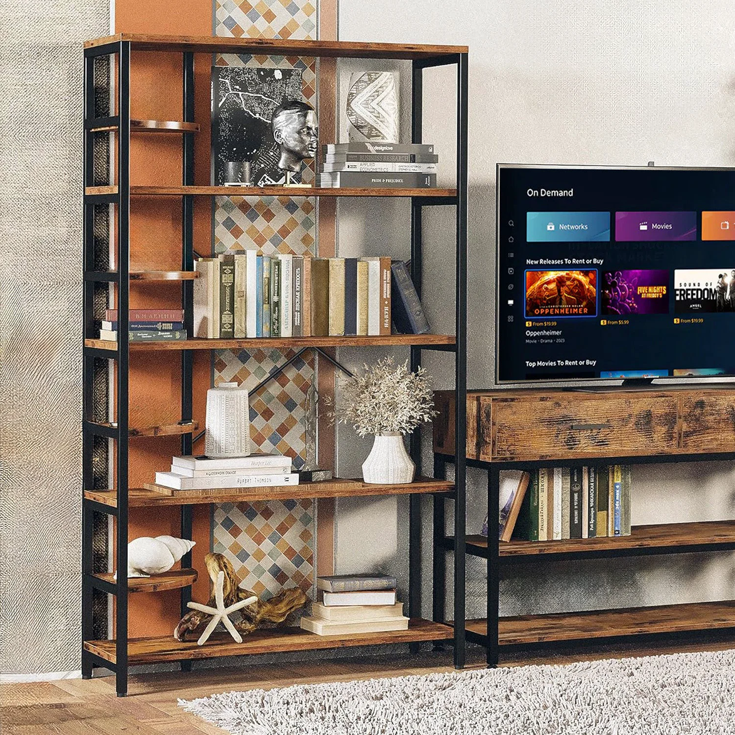 Natural 5 Tiers Bookshelf and Bookcase with 4 Small shelves Home Storage Rack Suitable for Living Room Office5 Tiers Bookshelf and Bookcase with 4 Small shelves Home Storage Rack Suitable for Living Room Office Healthy