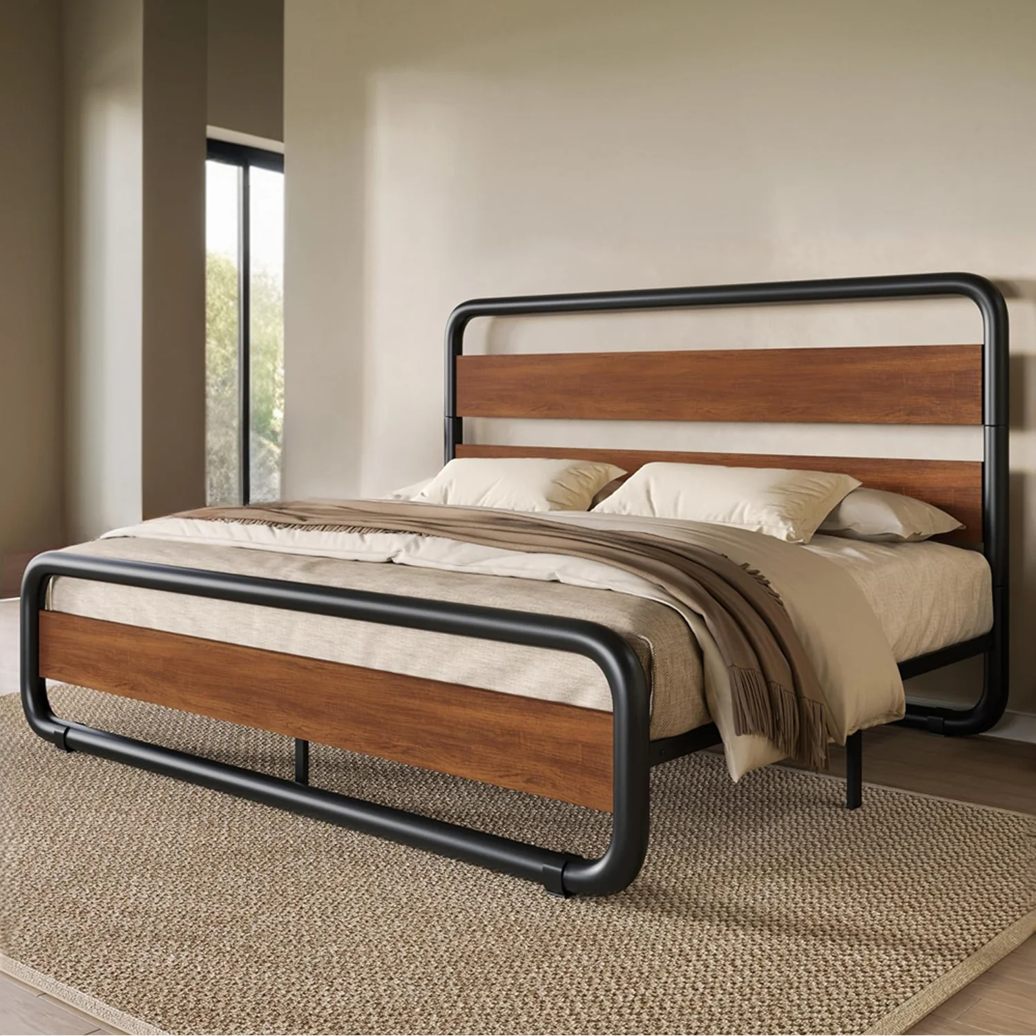 Elite Metal Bed Frame with Wooden Headboard and Footboard Heavy Duty Oval Platform Bed Frame with 10 Inches of Underbed Storage No Springs RequiredMetal Bed Frame with Wooden Headboard and Footboard Heavy Duty Oval Platform Bed Frame with 10 Inches of Underbed Storage No Springs Required Contemporary