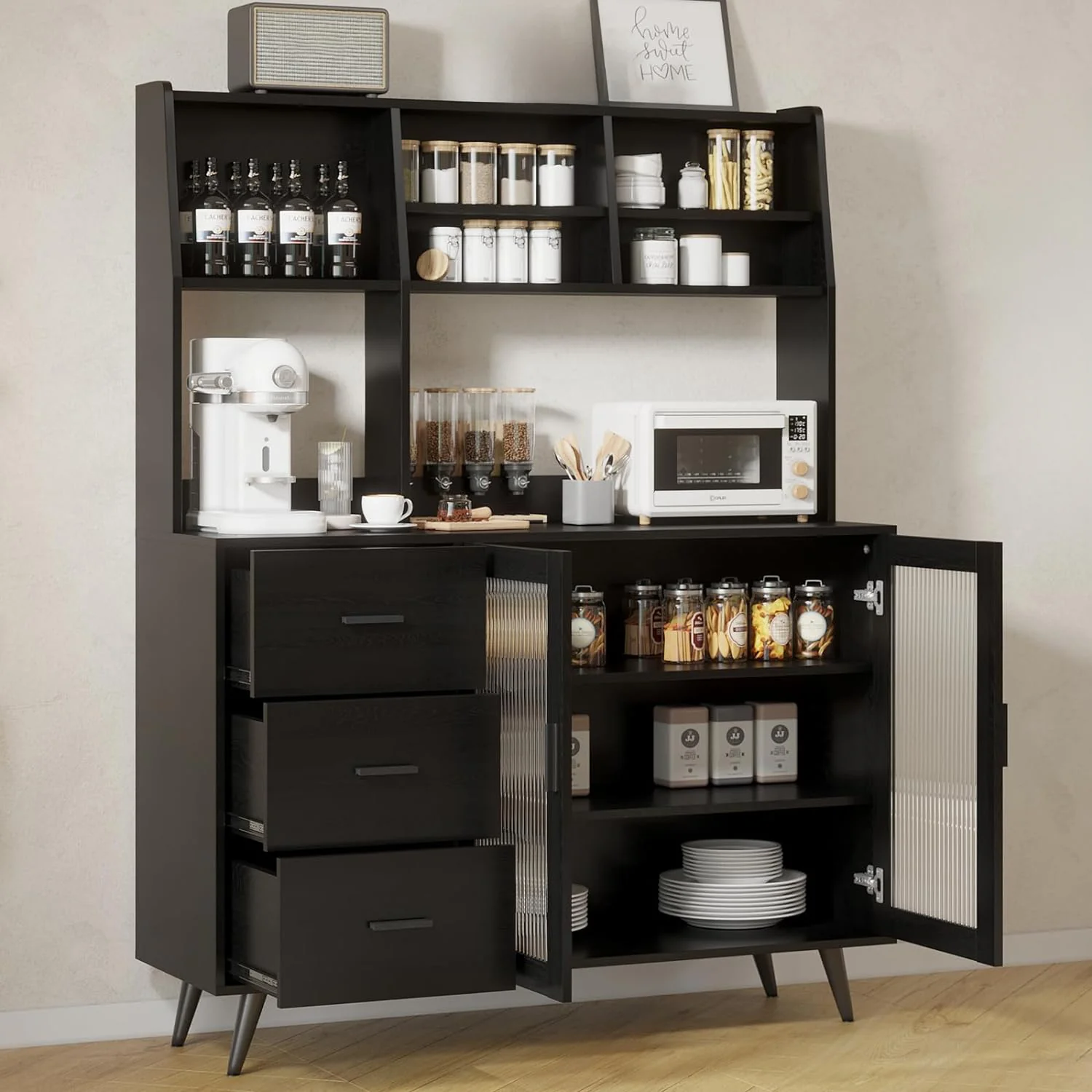 Original Design standing Kitchen Sideboard Kitchen Pantry Cabinet with Microwave Shelf with Glass Door and 3 Drawersstanding Kitchen Sideboard Kitchen Pantry Cabinet with Microwave Shelf with Glass Door and 3 Drawers Carefully Designed