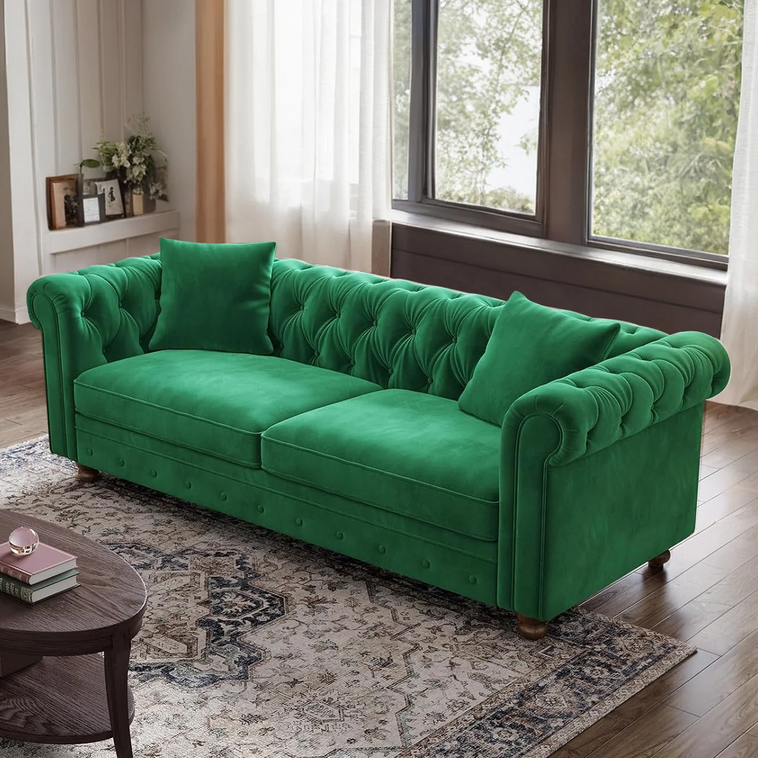 Contemporary 82 Inch Chesterfield Sofa Velvet Couch Button Tufted Loveseat Sofa with Rolled Arms Extra Deep Seating 2 Throw Pillows82 Inch Chesterfield Sofa Velvet Couch Button Tufted Loveseat Sofa with Rolled Arms Extra Deep Seating 2 Throw Pillows Fine