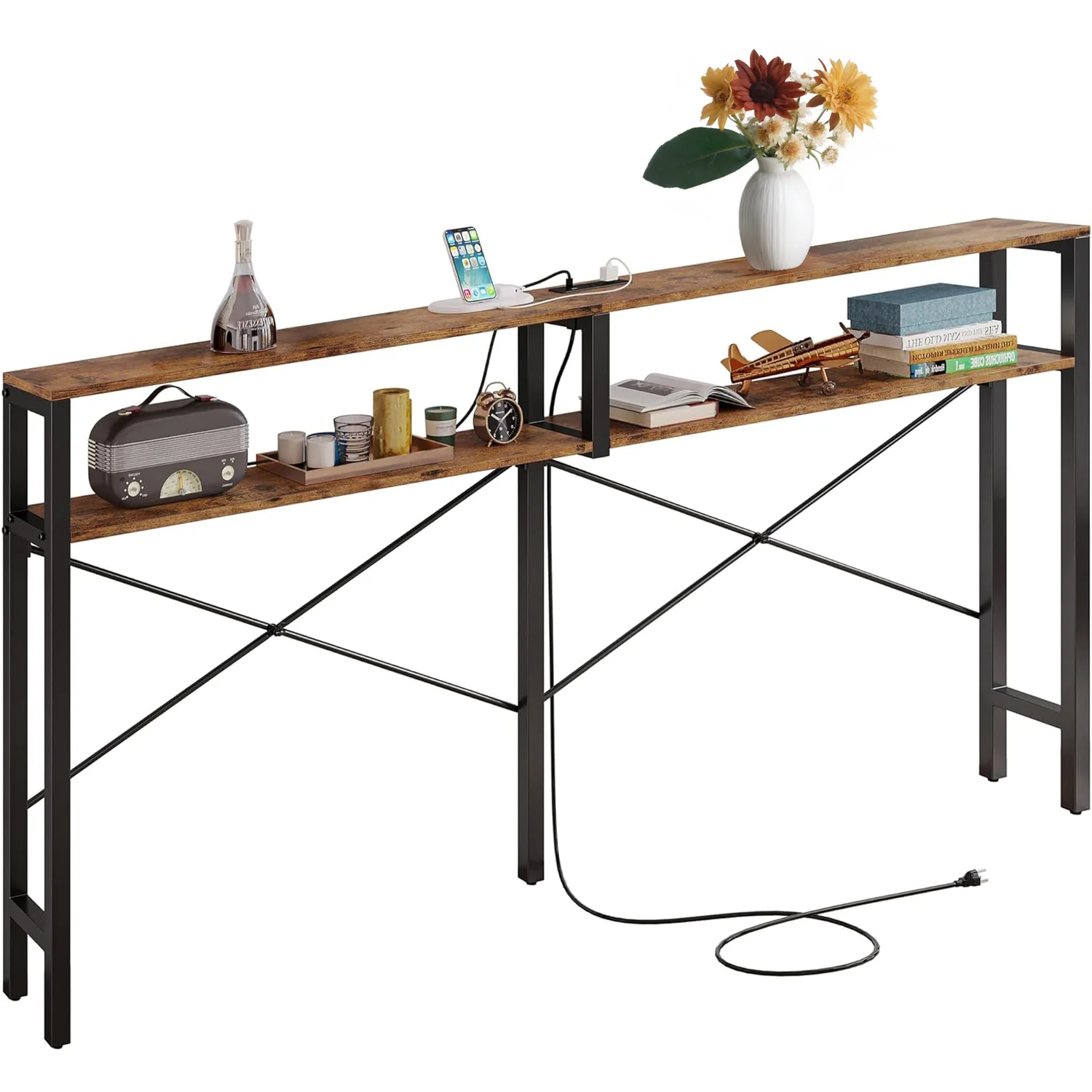 Solid Industrial Console Table X-shaped Entryway Table Narrow Sofa Table with Power Outlet and ShelvesIndustrial Console Table X-shaped Entryway Table Narrow Sofa Table with Power Outlet and Shelves Verified