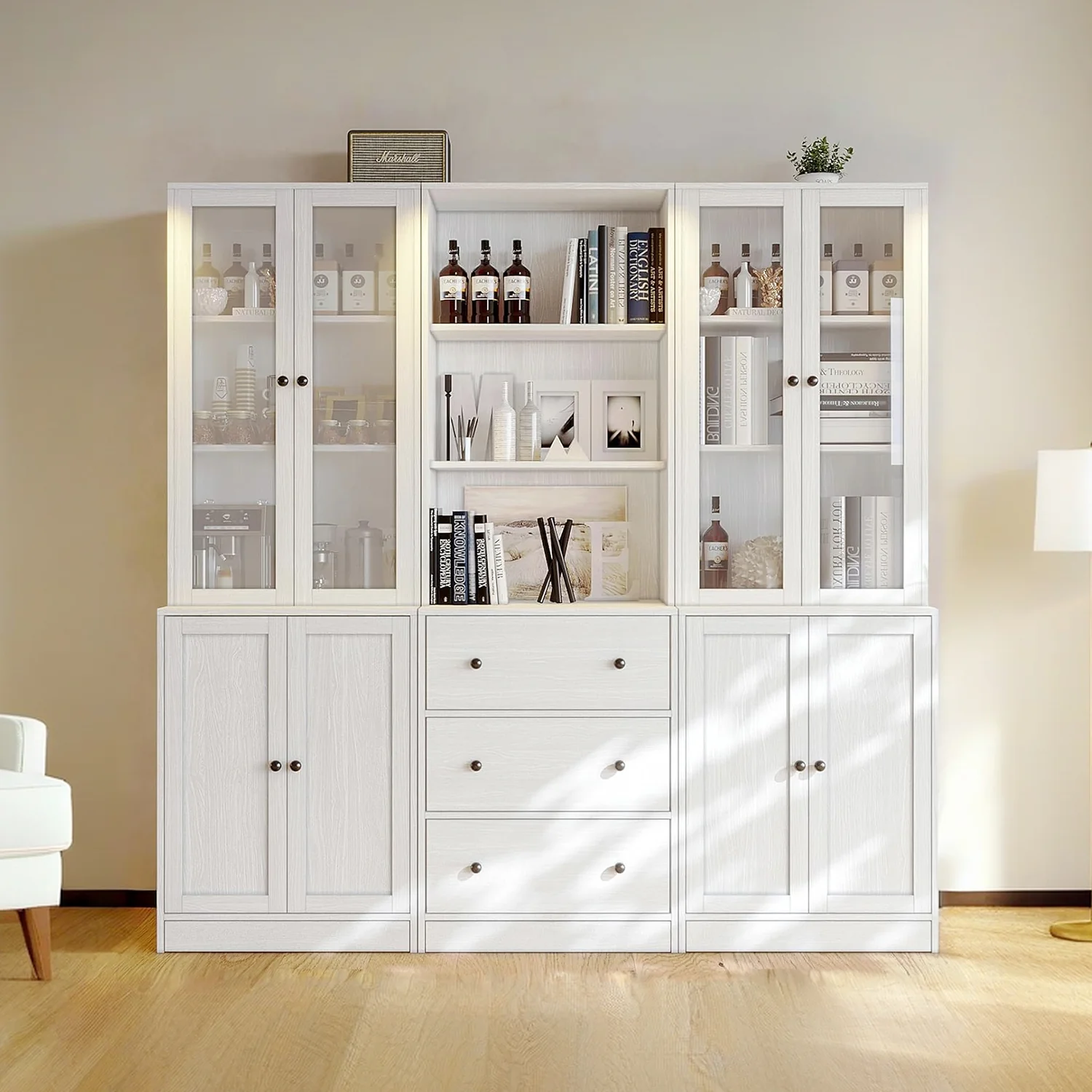 Fast Combination Bookcase 3-Piece Set 71-inch Bookcase with Drawer Shelves 2pcs 5-layer Storage Cabinet with Glass DoorsCombination Bookcase 3-Piece Set 71-inch Bookcase with Drawer Shelves 2pcs 5-layer Storage Cabinet with Glass Doors Reusable