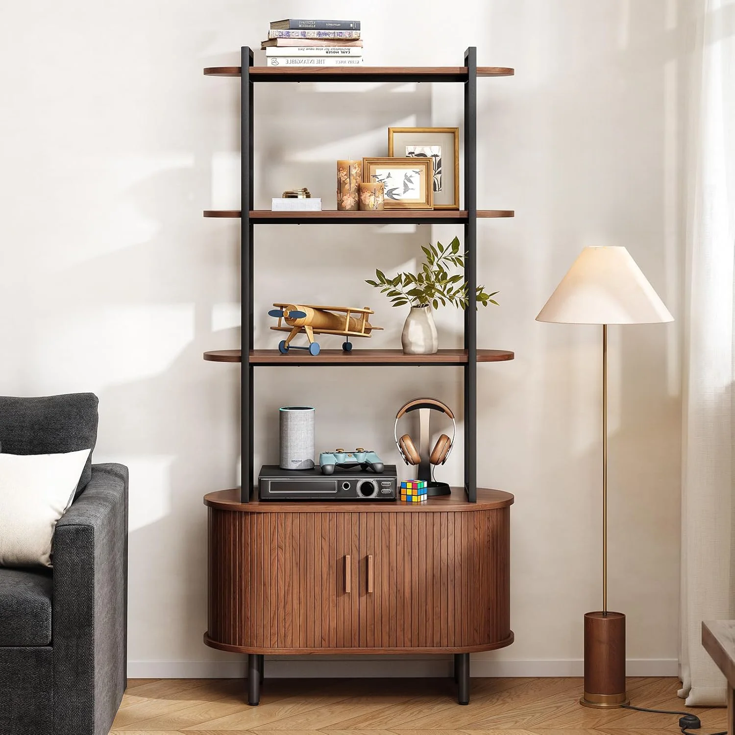 First-Class 71 Inch Modern Bookshelf Bookcase 4-Tier Storage Bookshelves with Sliding Door and Adjustable Footpad71 Inch Modern Bookshelf Bookcase 4-Tier Storage Bookshelves with Sliding Door and Adjustable Footpad Next-Generation