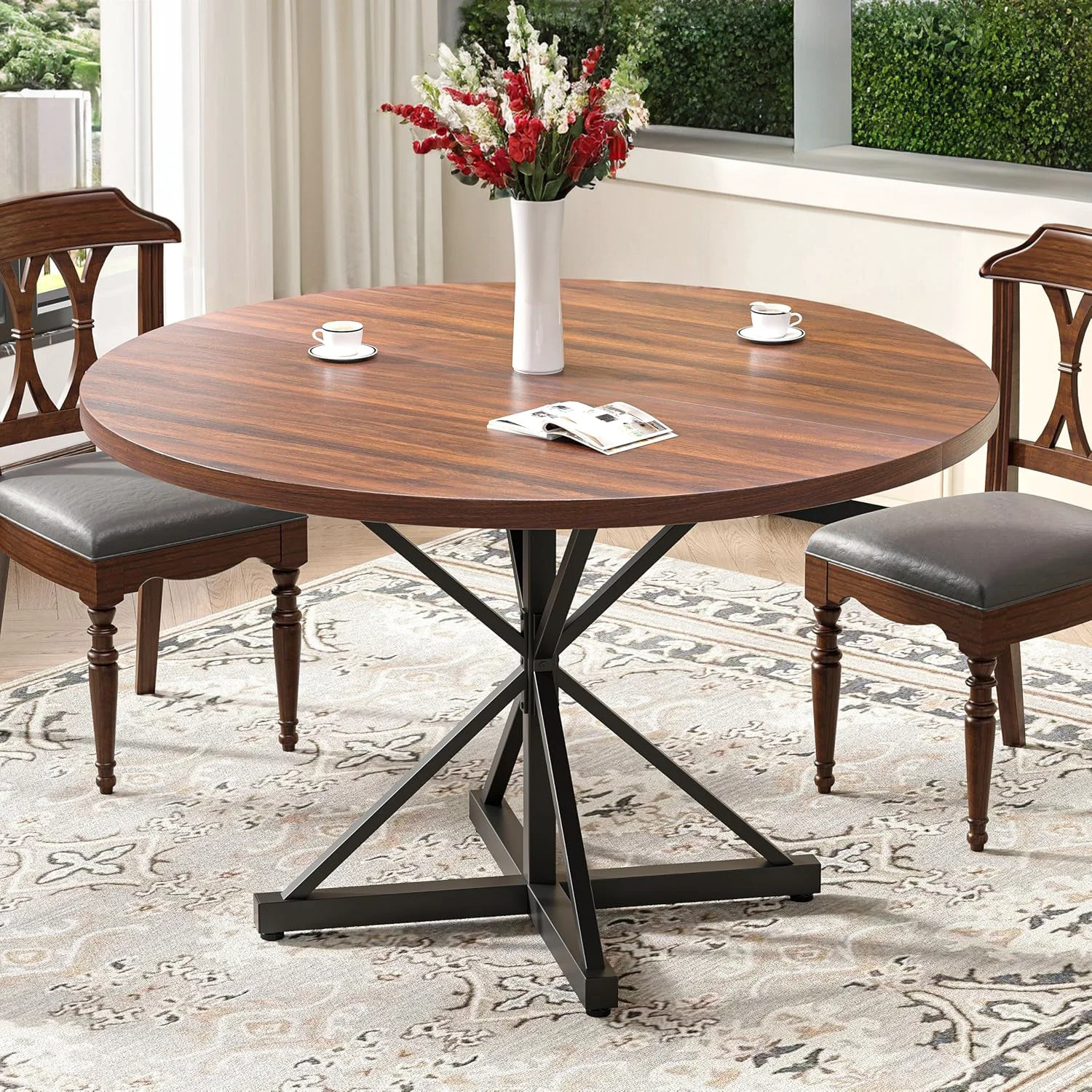 Eco-Friendly 47 Inch Round Dining Table for 4-6 Modern Circle Kitchen Table with Large Wood Countertop and Metal Legs Pedestal Base47 Inch Round Dining Table for 4-6 Modern Circle Kitchen Table with Large Wood Countertop and Metal Legs Pedestal Base Lightweight