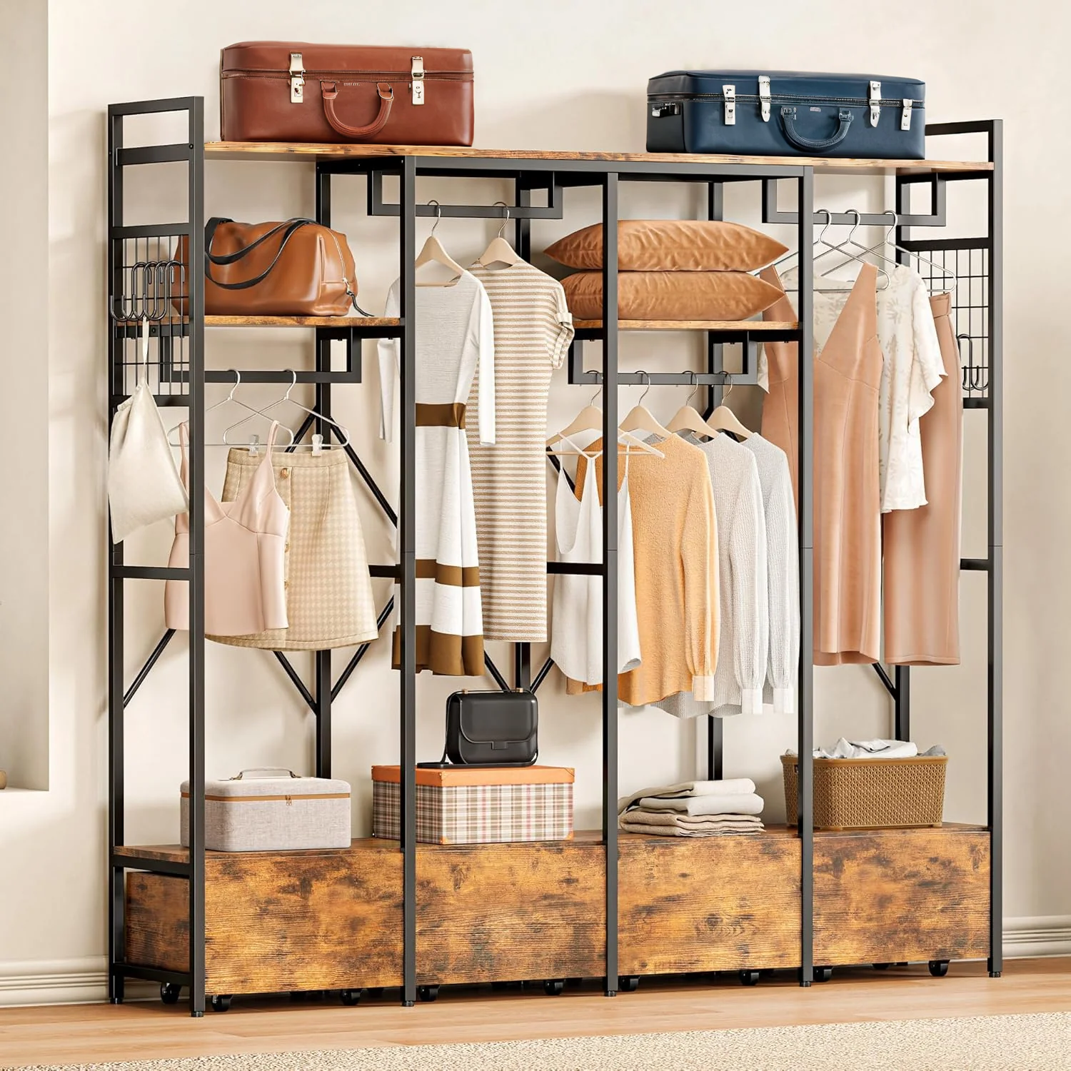 Classic standing Garment Rack with 4 Wooden Drawers Hanging Rods and Storage Shelves Heavy Duty Closet Wardrobe Rack Industrial Vintage Brownstanding Garment Rack with 4 Wooden Drawers Hanging Rods and Storage Shelves Heavy Duty Closet Wardrobe Rack Industrial Vintage Brown Exceptional