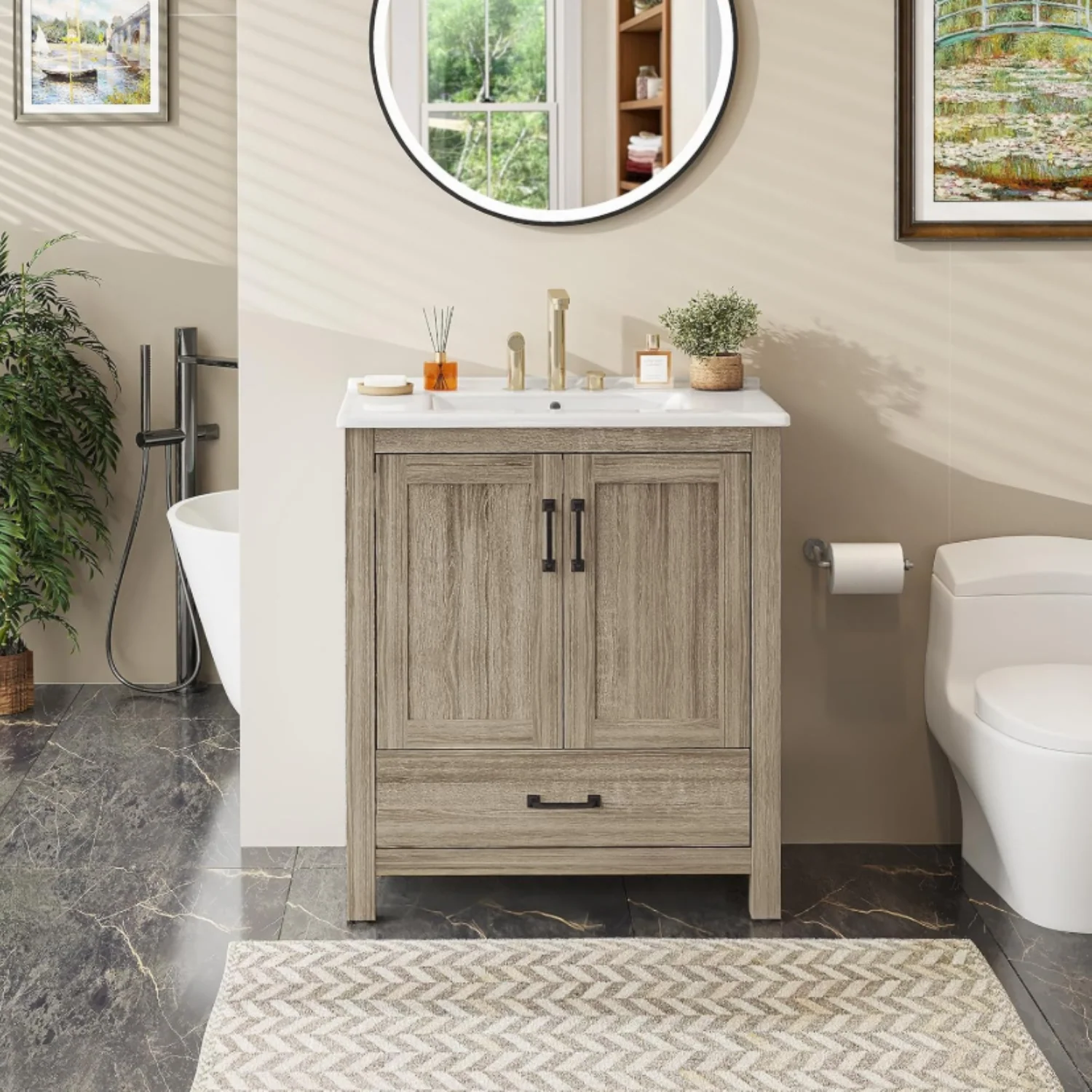 Fine Crafted 30 Inch standing Bathroom Vanity with Sink Combo Farmhouse Bathroom Vanity Cabinet with Ceramic Sink and Soft-Close Barn Door30 Inch standing Bathroom Vanity with Sink Combo Farmhouse Bathroom Vanity Cabinet with Ceramic Sink and Soft-Close Barn Door High-Grade