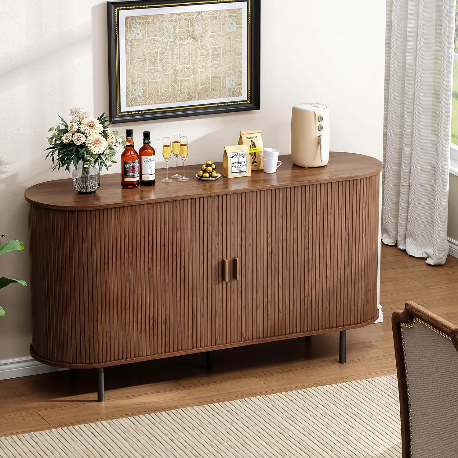 Next-Generation 55 Inch Sideboard Buffet Cabinet with Sliding Tambour Door Kitchen Storage Cabinet with Adjustable Shelves Console Table with Large Storage Space55 Inch Sideboard Buffet Cabinet with Sliding Tambour Door Kitchen Storage Cabinet with Adjustable Shelves Console Table with Large Storage Space Contemporary
