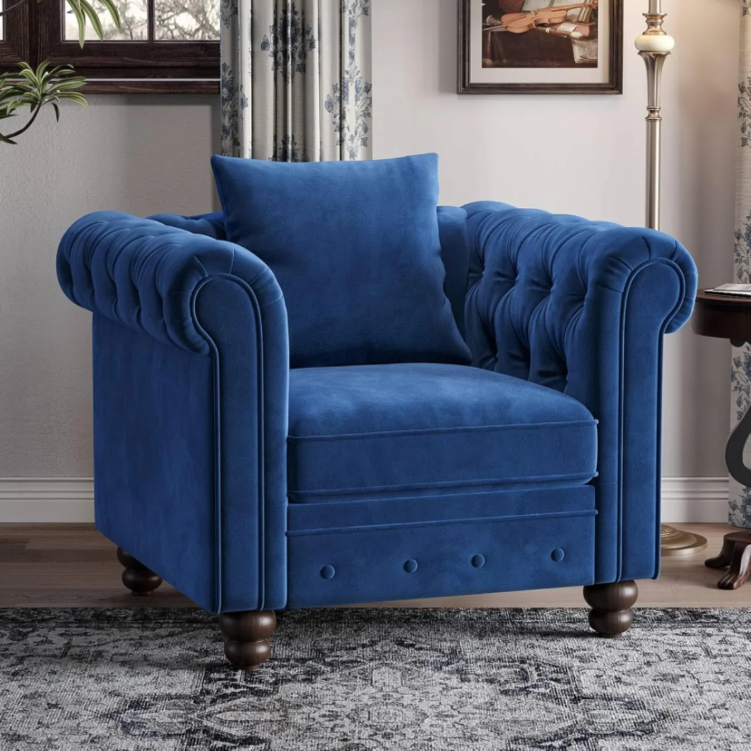 Classic Velvet Chesterfield Armchair Tufted Accent Chair with Rolled Arms Upholstered Single Sofa Couch Chair with Throw PillowVelvet Chesterfield Armchair Tufted Accent Chair with Rolled Arms Upholstered Single Sofa Couch Chair with Throw Pillow First-Class