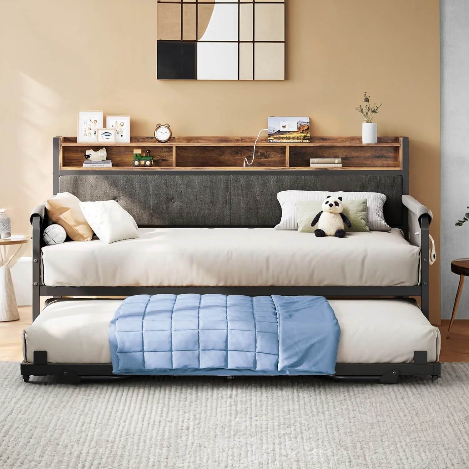 Outstanding Discontinued Daybed Sofa Day Bed with Trundle Twin Bed Frame with Upholstered Headboard Strong Supports and Charging Station Discontinued Daybed Sofa Day Bed with Trundle Twin Bed Frame with Upholstered Headboard Strong Supports and Charging Station Clean