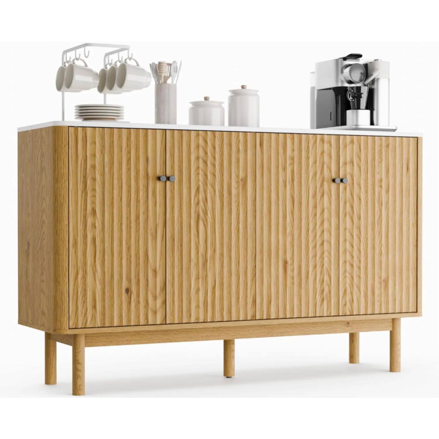 Secure Sideboard Buffet Cabinet Credenza Fluted Storage Cabinet with 4 Doors and Adjustable ShelvesSideboard Buffet Cabinet Credenza Fluted Storage Cabinet with 4 Doors and Adjustable Shelves Convenient