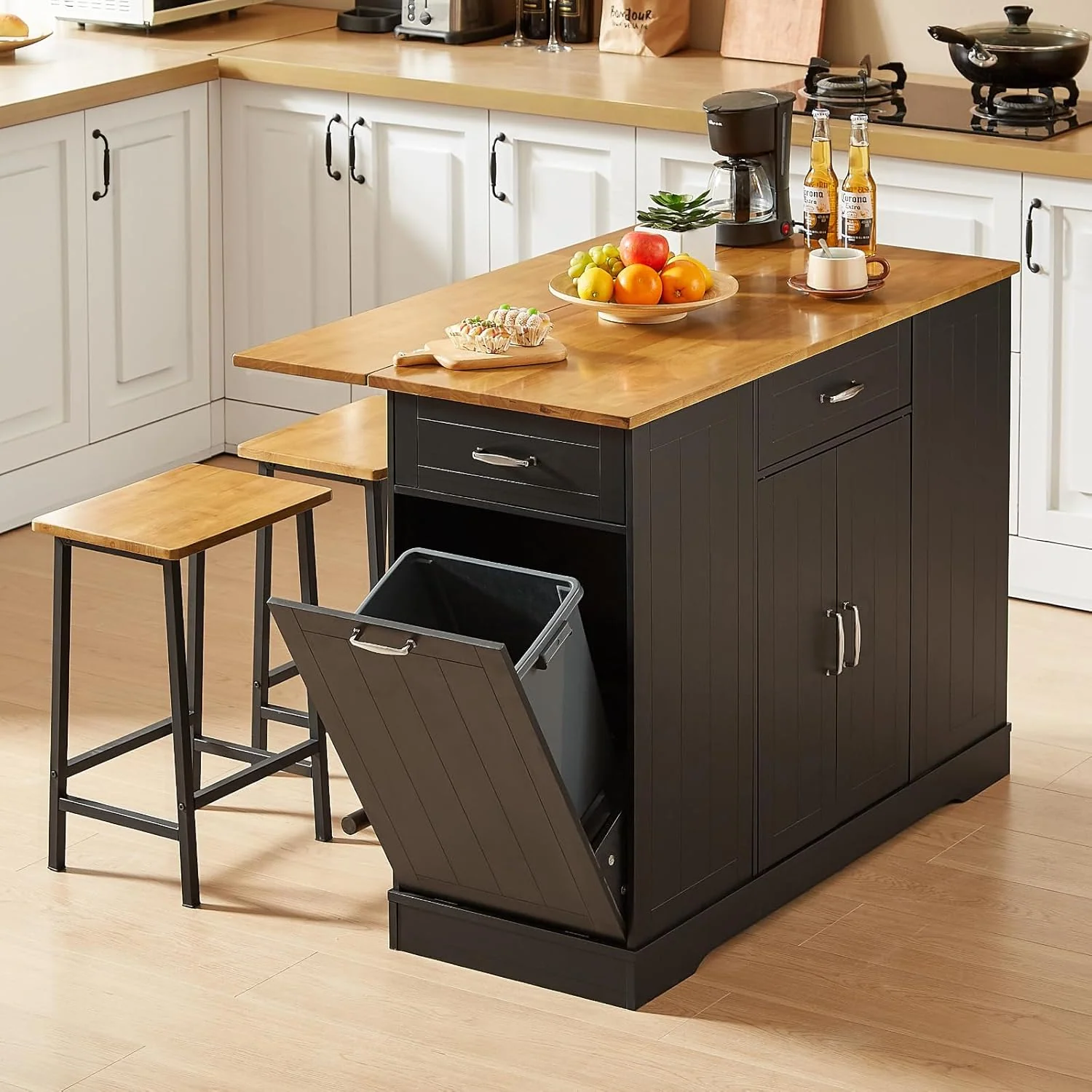 Carefully Designed 47 Stationary Kitchen Island with 2 Chairs Kitchen Island Home Bar Table with Spice Rack Trash Cabinet and Electrical Outlet47 Stationary Kitchen Island with 2 Chairs Kitchen Island Home Bar Table with Spice Rack Trash Cabinet and Electrical Outlet Prestigious