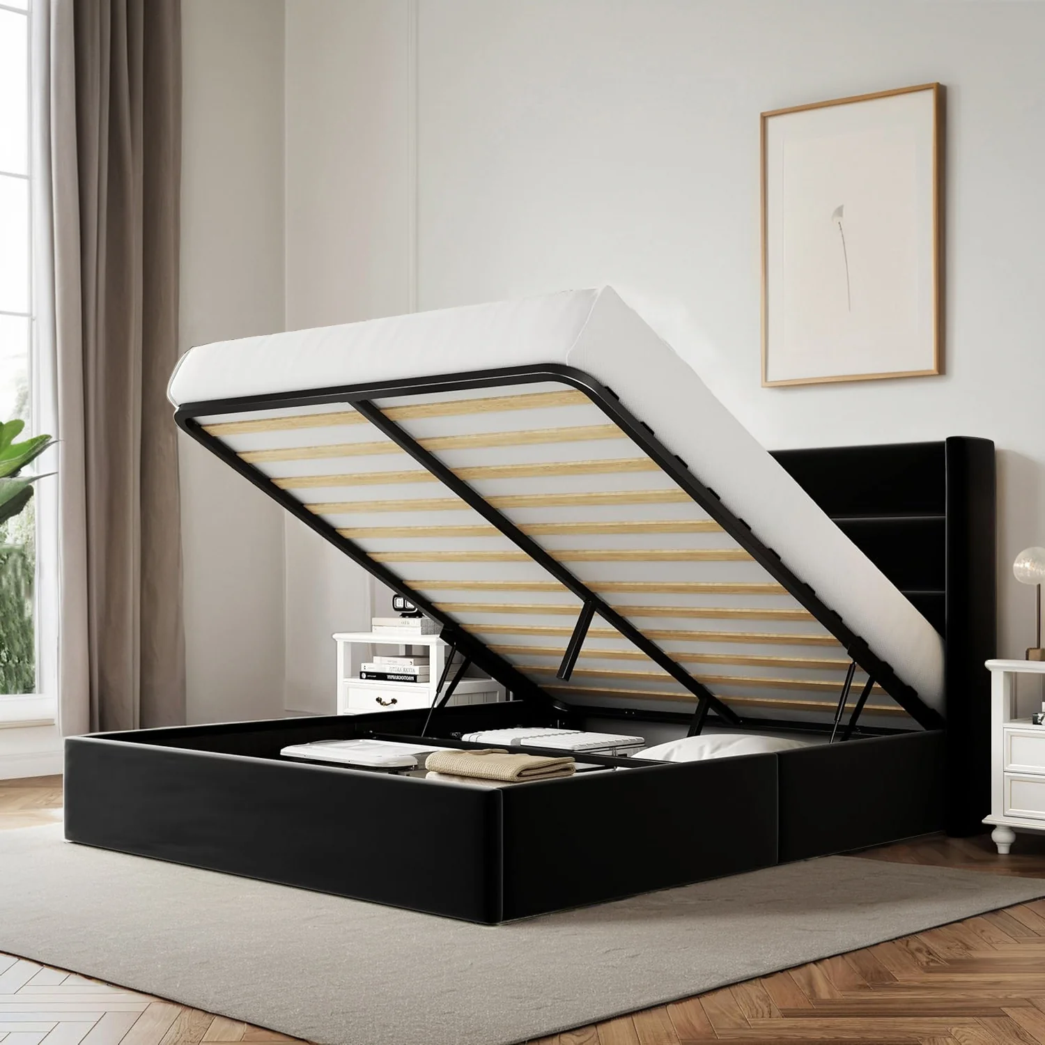 Dependable Velvet Lift Up Storage Bed with Modern Wingback Headboard Hydraulic Support No Box Spring NeededVelvet Lift Up Storage Bed with Modern Wingback Headboard Hydraulic Support No Box Spring Needed Top-Quality