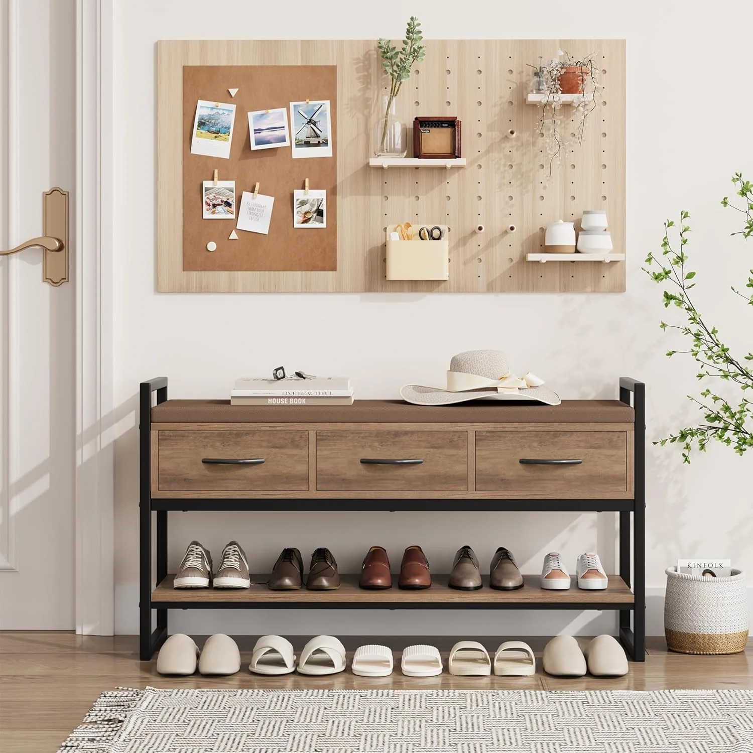 Trendy 39.4 Shoe Bench with Cushion Shoe Storage Industrial Rack Organizer with Fabric Drawers39.4 Shoe Bench with Cushion Shoe Storage Industrial Rack Organizer with Fabric Drawers Safe