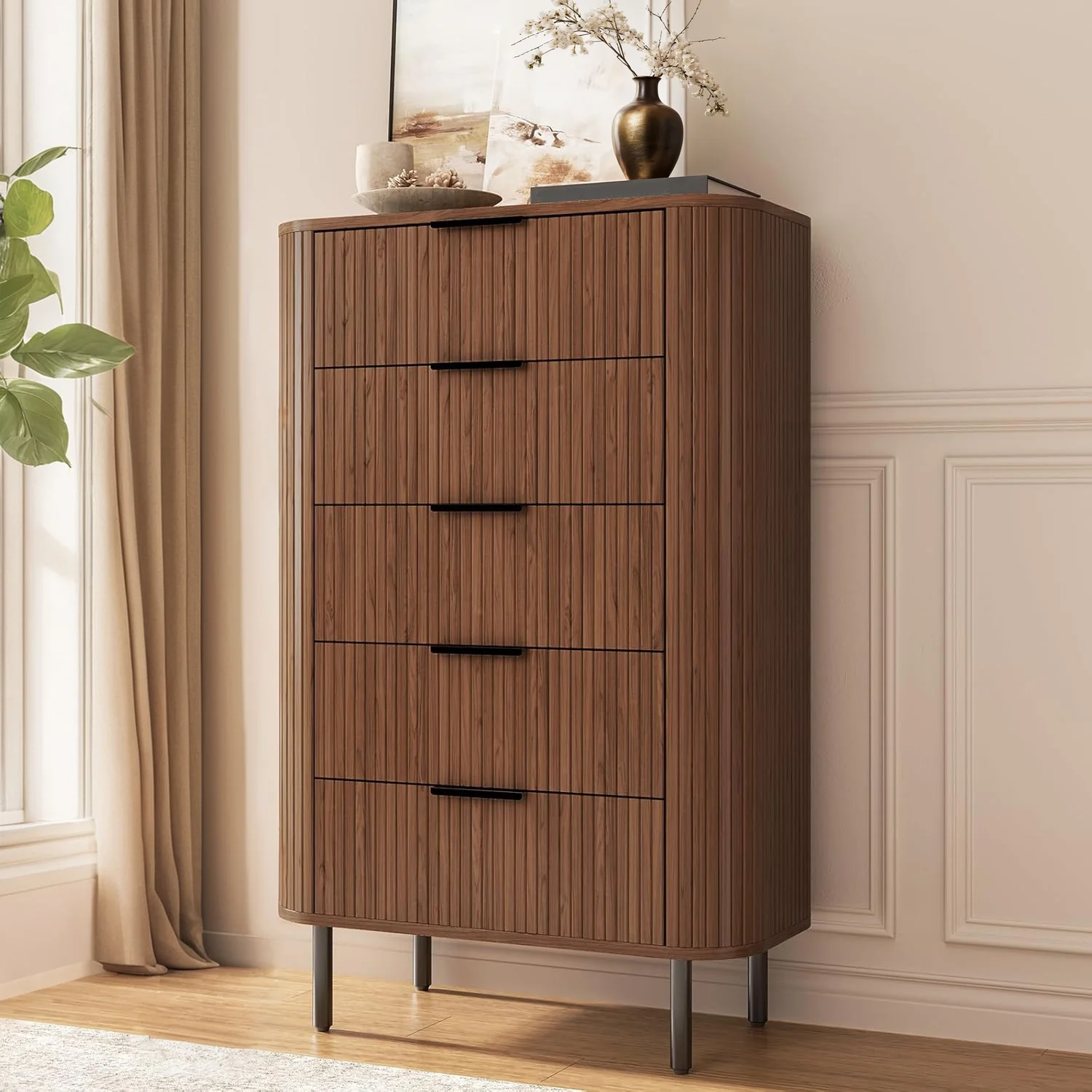 Reliable Discontinued Fluted 5 Drawer Dresser Tall Chest of Drawers with Metal Handle and Curved Profile Design Discontinued Fluted 5 Drawer Dresser Tall Chest of Drawers with Metal Handle and Curved Profile Design Innovative