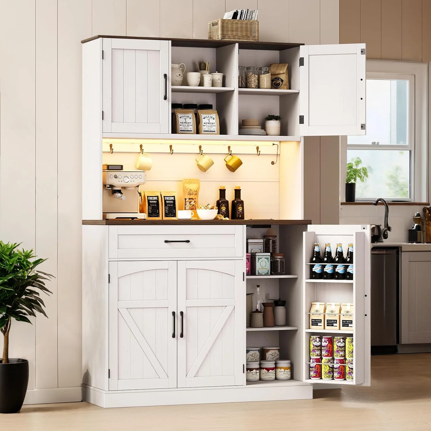 Eco-Friendly 71 Inch Kitchen Pantry Cabinet with LED Light Outlet Microwave Shelf 6 Hooks Drawer and Adjustable Shelves71 Inch Kitchen Pantry Cabinet with LED Light Outlet Microwave Shelf 6 Hooks Drawer and Adjustable Shelves Organic