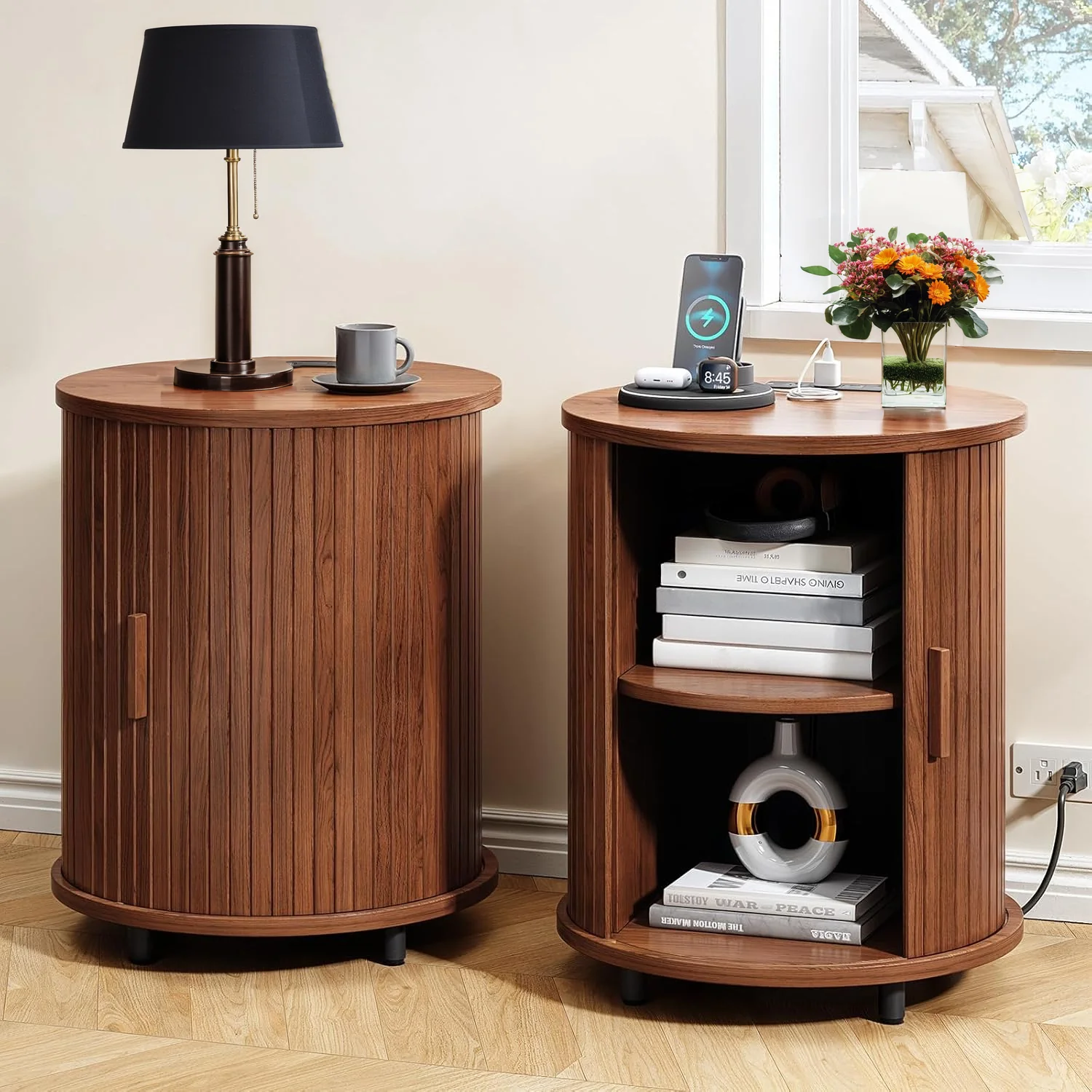Relaxed Round Side Table Nightstand Bedside Table Small End Table with Storage Shelves Sliding Tambour Door Power OutletsRound Side Table Nightstand Bedside Table Small End Table with Storage Shelves Sliding Tambour Door Power Outlets High-Grade