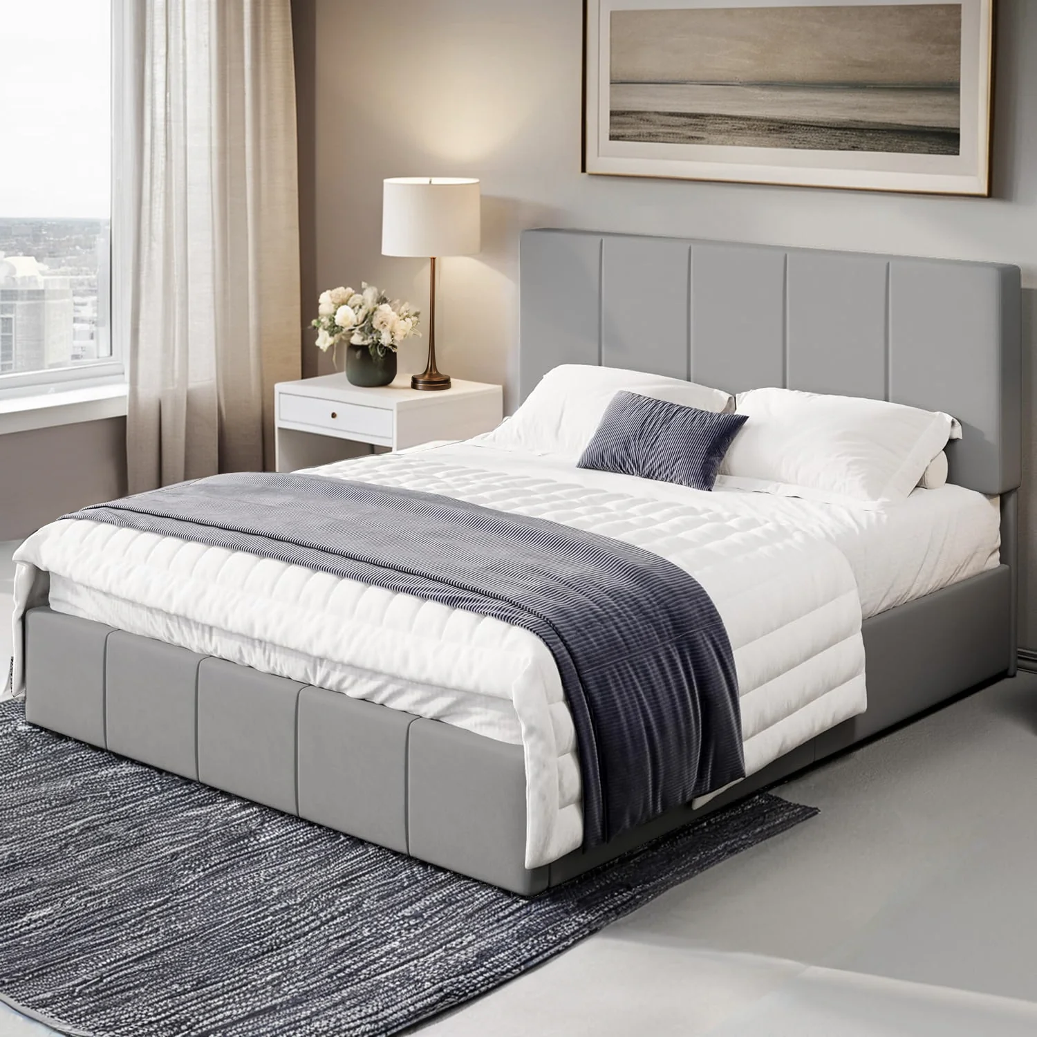 Flexible Dutch Velvet Upholstered Platform Bed Frame with Adjustable Vertical Channel Tufted Headboard No Box Spring NeededDutch Velvet Upholstered Platform Bed Frame with Adjustable Vertical Channel Tufted Headboard No Box Spring Needed Soft