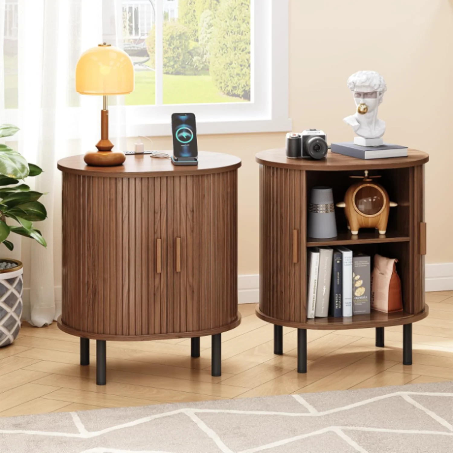 Trusted Side Table End Table with Charging Station Nightstand with Storage and Sliding Tambour DoorSide Table End Table with Charging Station Nightstand with Storage and Sliding Tambour Door Relaxed