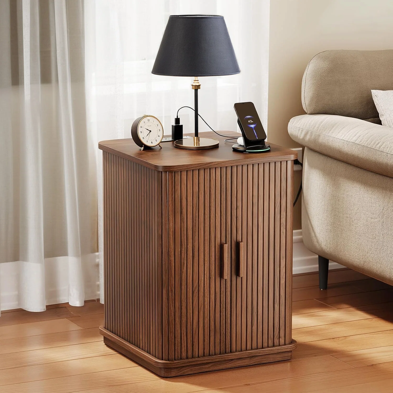 Fine Side Table Small End Table with Charging Station Square Night Stand with Storage and Sliding DoorSide Table Small End Table with Charging Station Square Night Stand with Storage and Sliding Door Secure