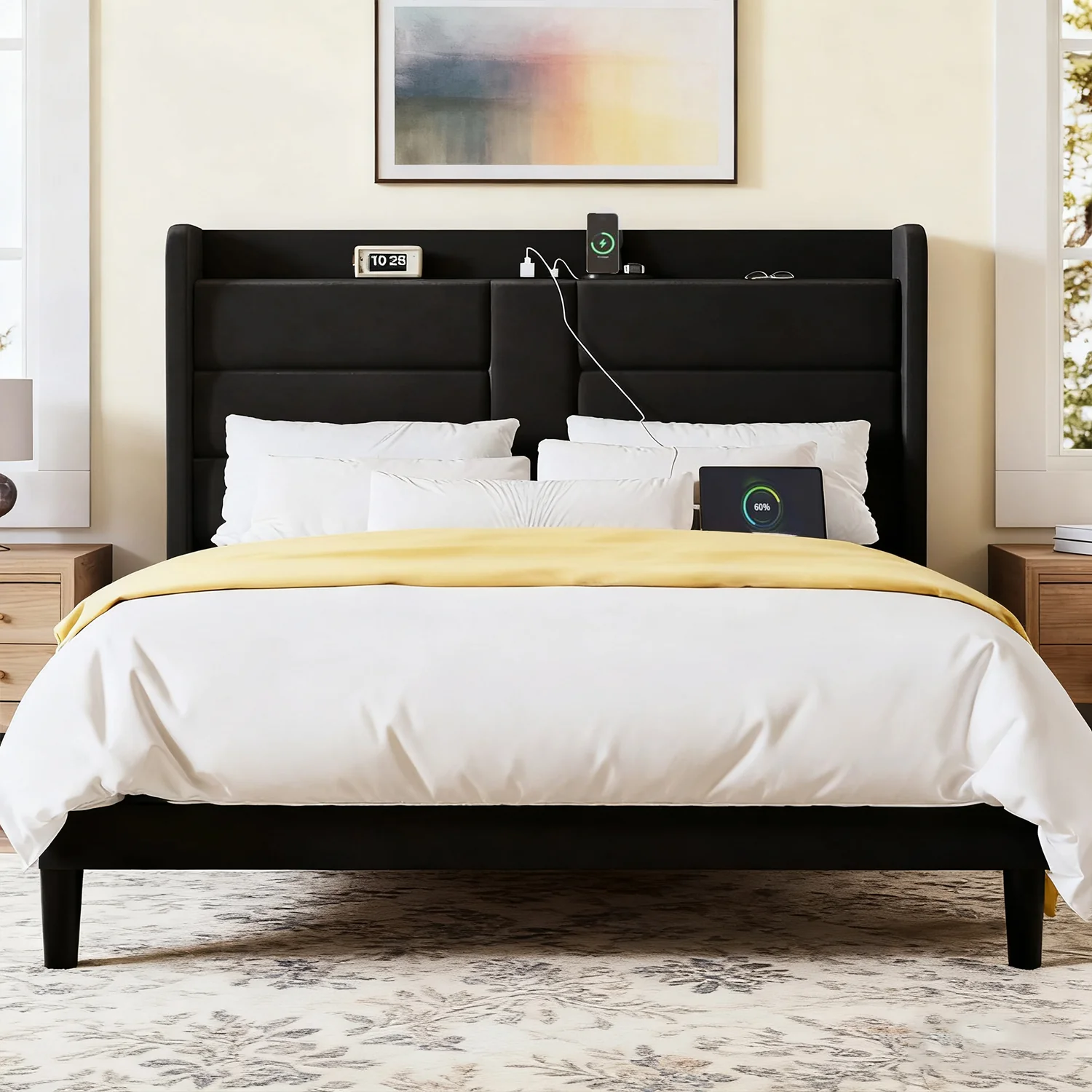 Clean Upholstered Platform Bed Frame with Charging Station Velvet Wingback Headboard with Storage ShelfUpholstered Platform Bed Frame with Charging Station Velvet Wingback Headboard with Storage Shelf Sophisticated