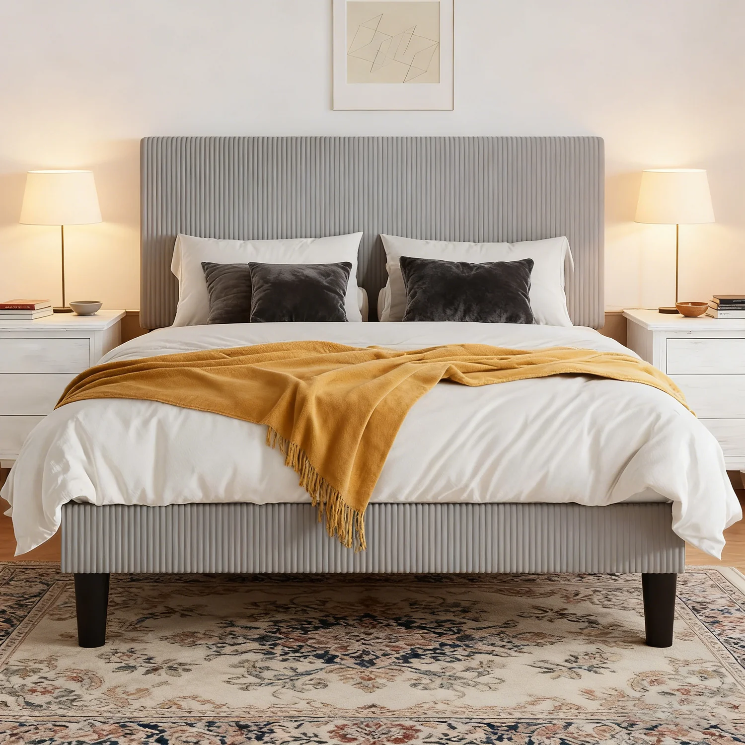Reusable Upholstered Platform Bed Frame with Vertical Channel Tufted Headboard Soft Corduroy Fabric Wood Slat SupportUpholstered Platform Bed Frame with Vertical Channel Tufted Headboard Soft Corduroy Fabric Wood Slat Support Next-Generation
