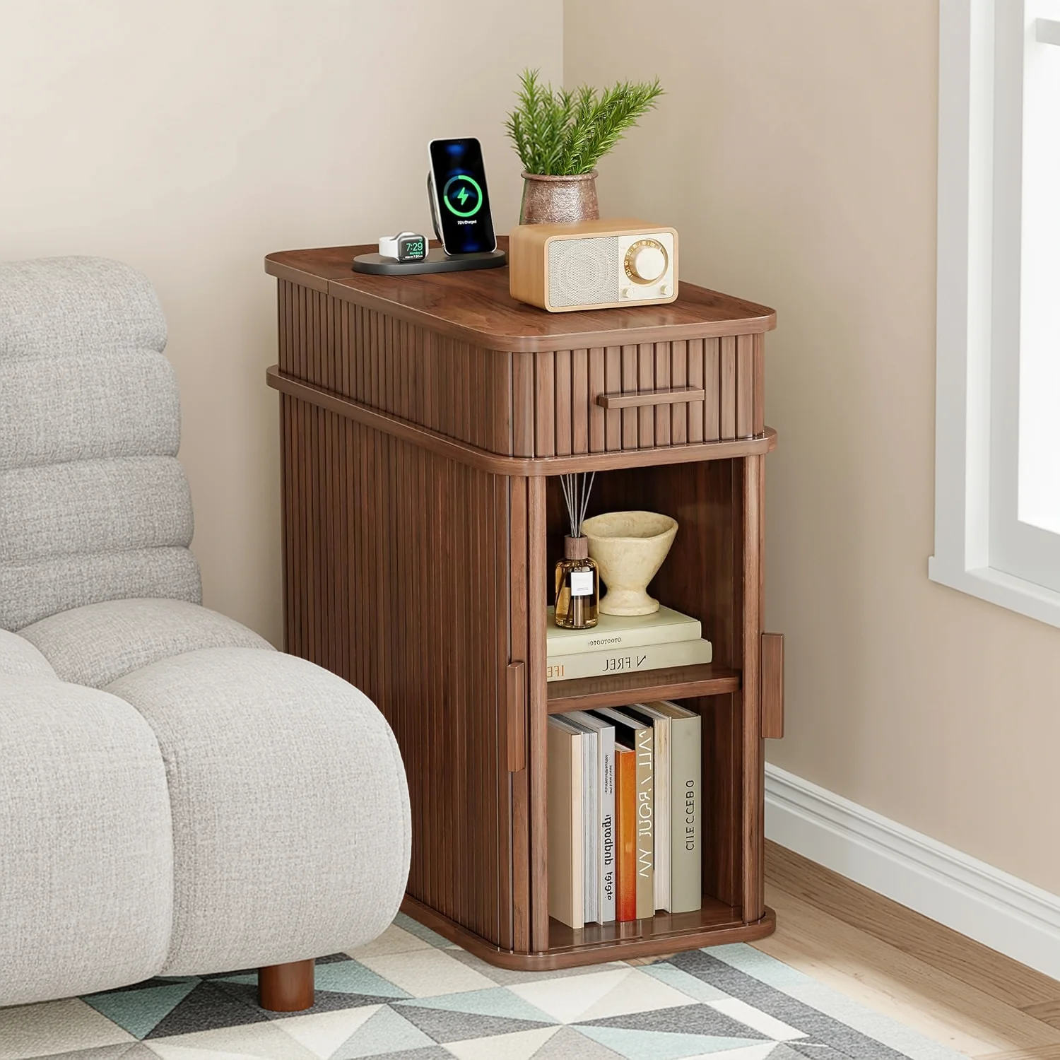 Lightweight Narrow Side Table with Charging Station Flip Top Nightstand with Drawer and Sliding DoorsNarrow Side Table with Charging Station Flip Top Nightstand with Drawer and Sliding Doors Powerful