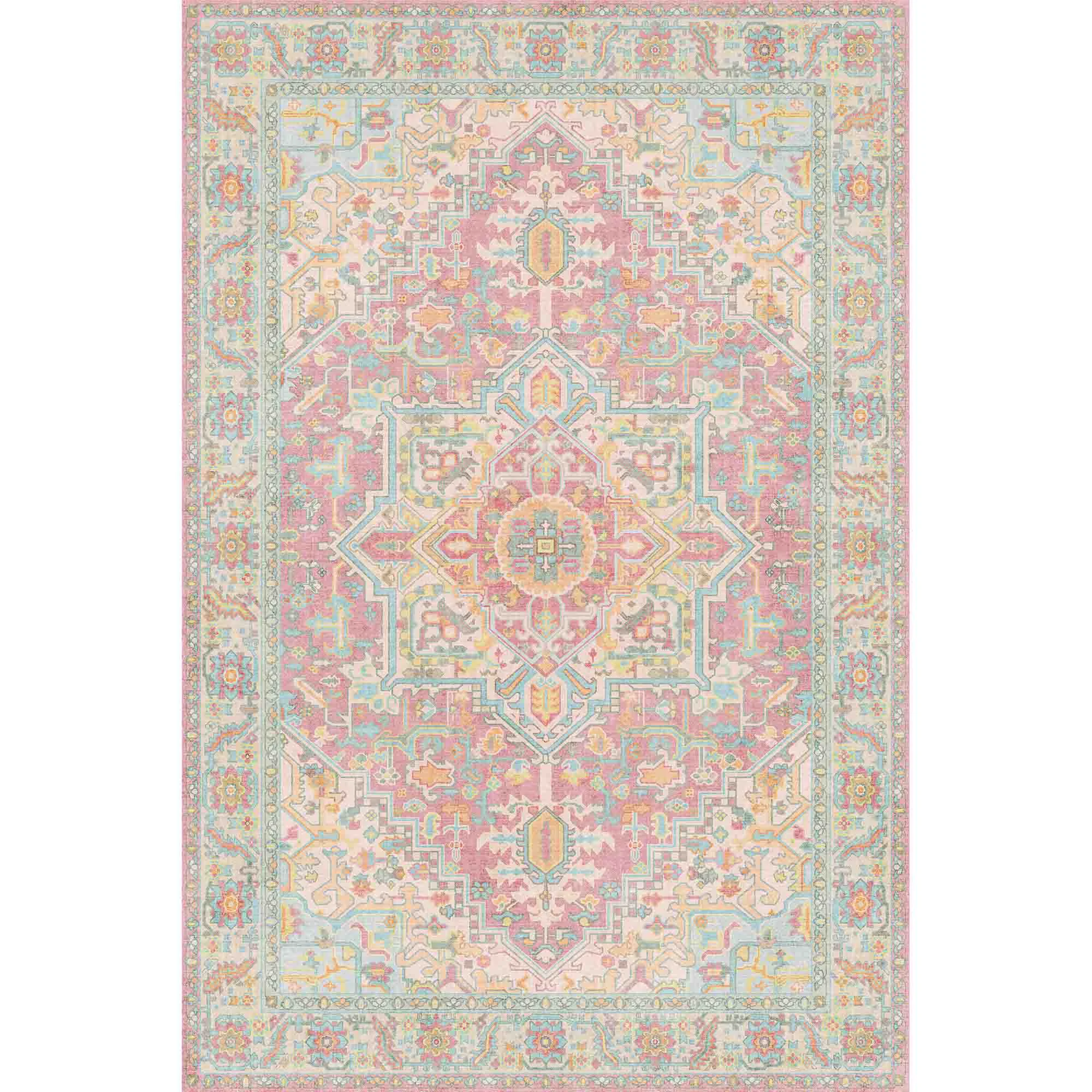 Safe Light Pink Washable Area Rug with Vintage Medallion Pattern Low-Pile Non-Slip Rug for Living Room or NurseryLight Pink Washable Area Rug with Vintage Medallion Pattern Low-Pile Non-Slip Rug for Living Room or Nursery Reusable