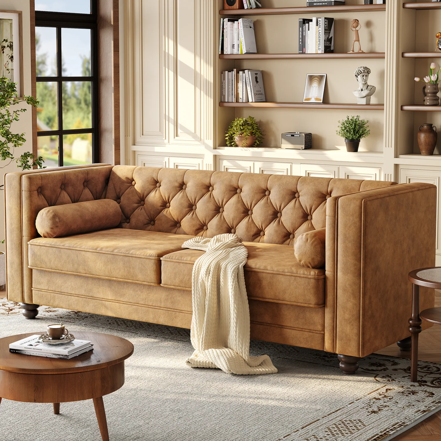 Solid Discontinued 79 Faux Leather Couch with Deep Seat 3 Seater Tufted Sofa with 2 Bolster Pillows Removable Cushions Discontinued 79 Faux Leather Couch with Deep Seat 3 Seater Tufted Sofa with 2 Bolster Pillows Removable Cushions Natural