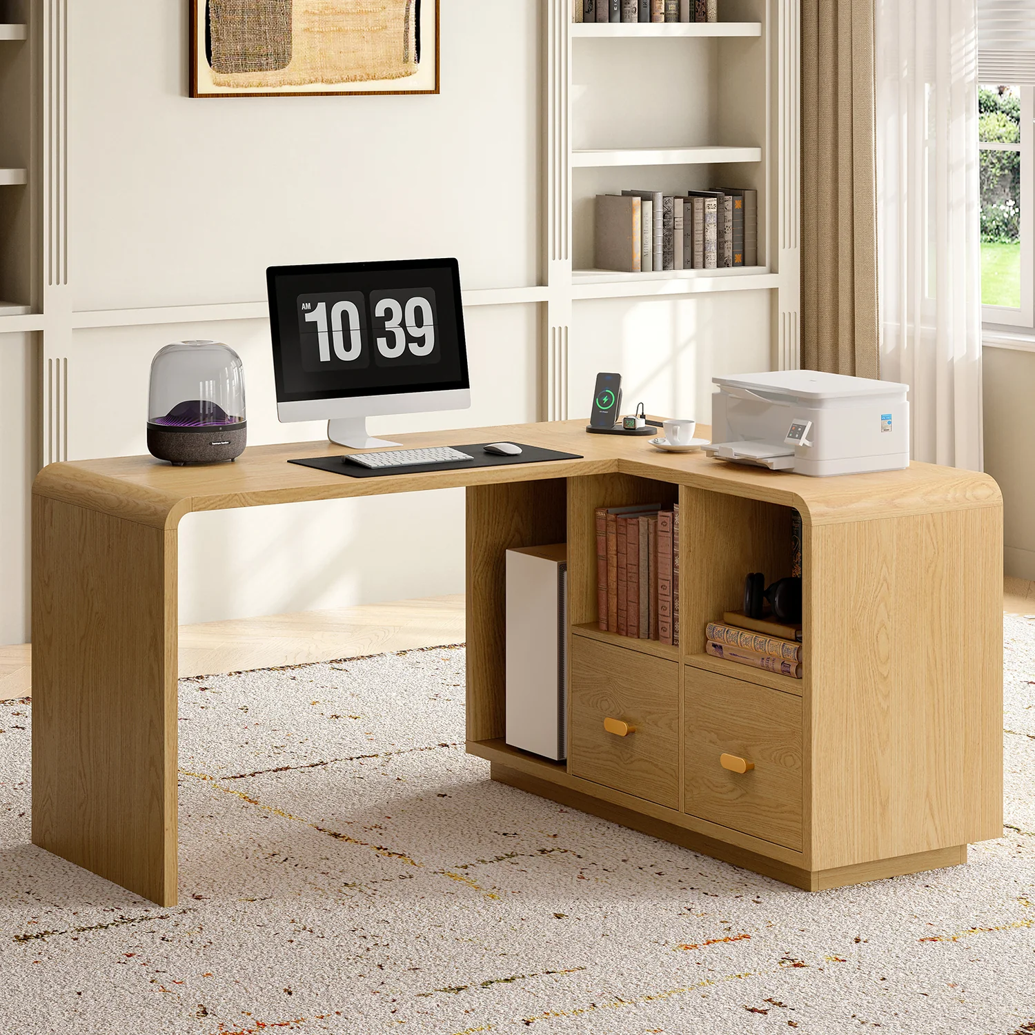 Enhanced L Shaped Executive Desk with File Drawers Corner Desk with Power Outlets Storage Shelves for Home OfficeL Shaped Executive Desk with File Drawers Corner Desk with Power Outlets Storage Shelves for Home Office High-Grade