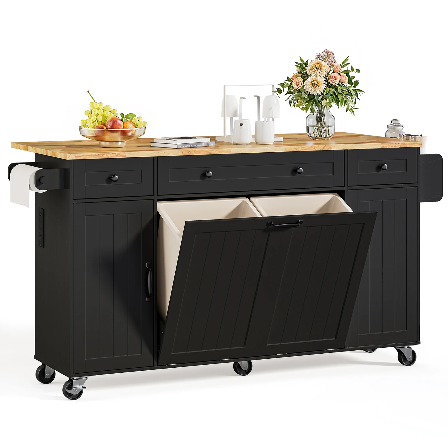 Fine Crafted Kitchen Island with Double Tilt Out Trash Bins 69.3” Rolling Kitchen Cart with Drop Leaf Drawers Power OutletKitchen Island with Double Tilt Out Trash Bins 69.3” Rolling Kitchen Cart with Drop Leaf Drawers Power Outlet Effective