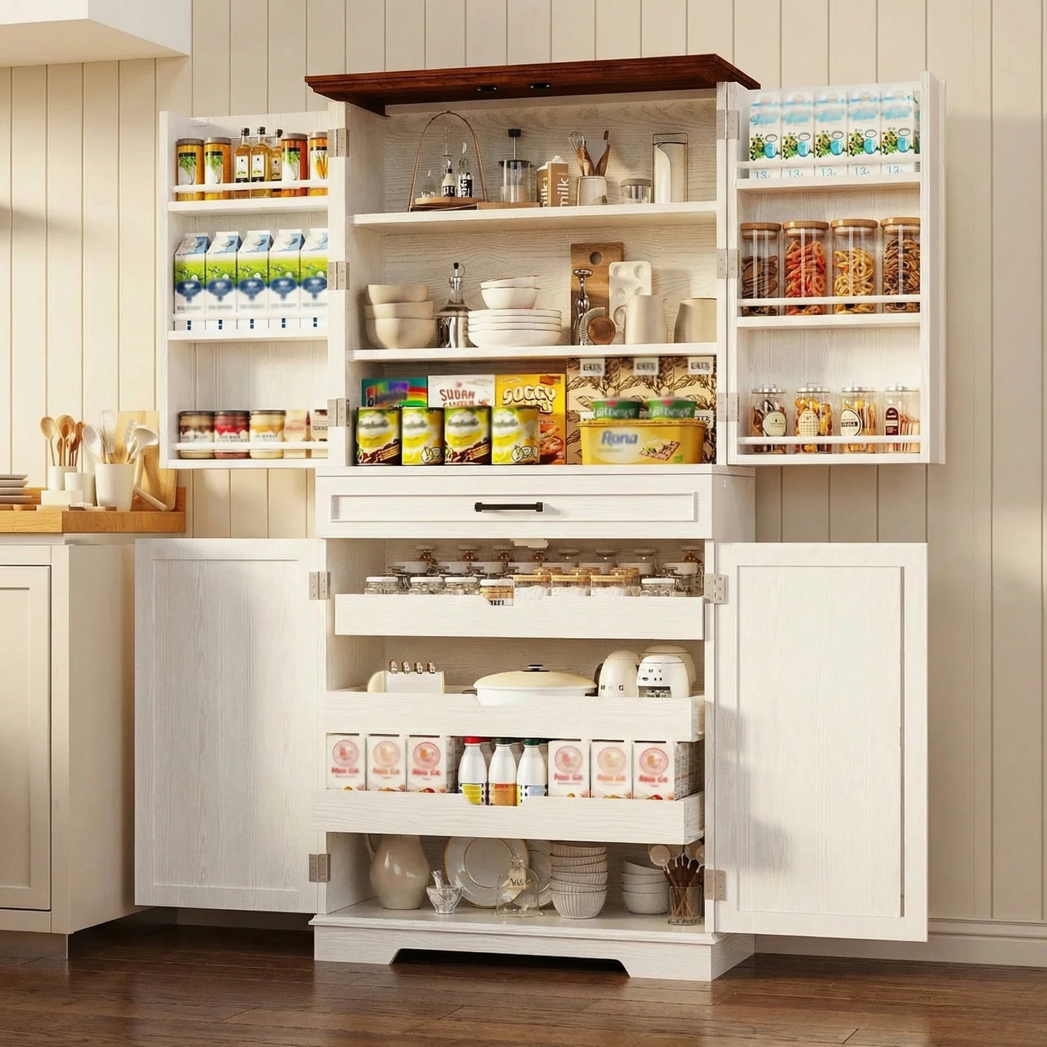 Official 72 Farmhouse Kitchen Pantry Cabinet Tall standing Cupboard with Sliding Storage Rack 6 Hanging Shelves72 Farmhouse Kitchen Pantry Cabinet Tall standing Cupboard with Sliding Storage Rack 6 Hanging Shelves Contemporary