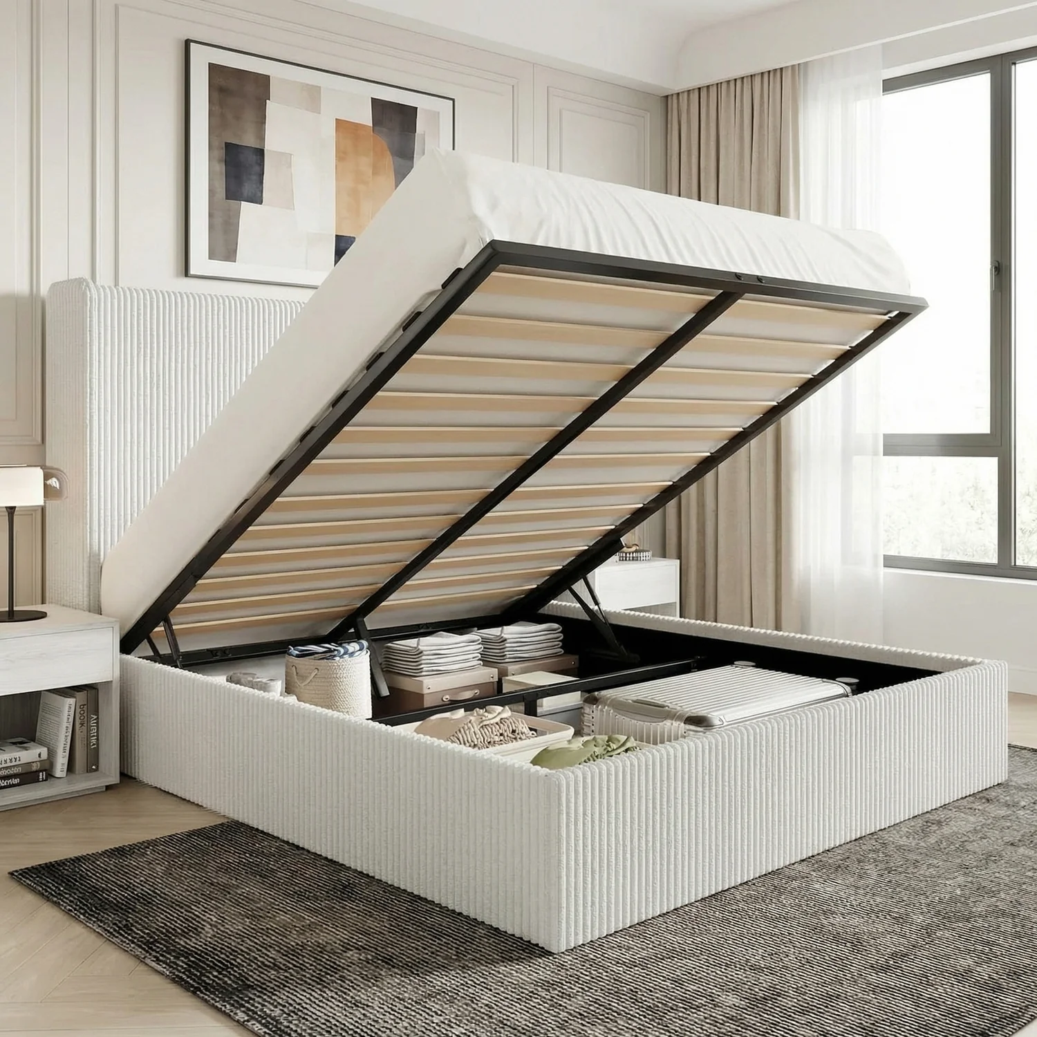 Fast Lift-Up Storage Bed Frame with Wingback Headboard Corduroy Upholstered Platform Bed No Box Spring NeededLift-Up Storage Bed Frame with Wingback Headboard Corduroy Upholstered Platform Bed No Box Spring Needed Pure