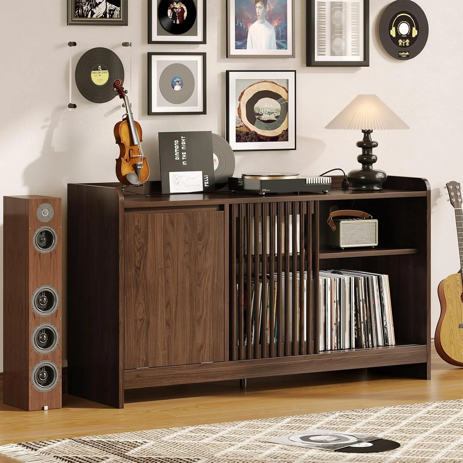 User-Friendly 48-inch Record Player Stand with Flip-out Storage Cabinet Sliding Door Adjustable Shelf and Charging Station48-inch Record Player Stand with Flip-out Storage Cabinet Sliding Door Adjustable Shelf and Charging Station Premium
