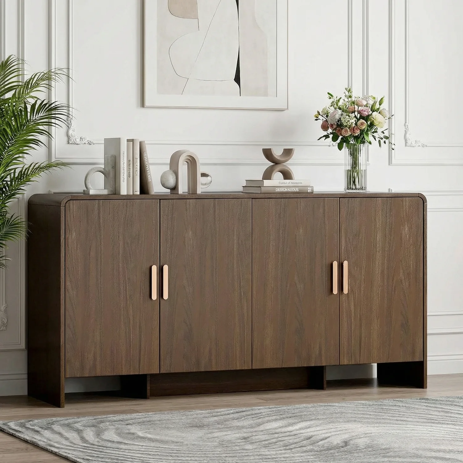 Fast 60 Inch Buffet Sideboard with Storage Curved Design Farmhouse Coffee Bar Cabinet with 4 Doors and Adjustable Shelves60 Inch Buffet Sideboard with Storage Curved Design Farmhouse Coffee Bar Cabinet with 4 Doors and Adjustable Shelves Stylish